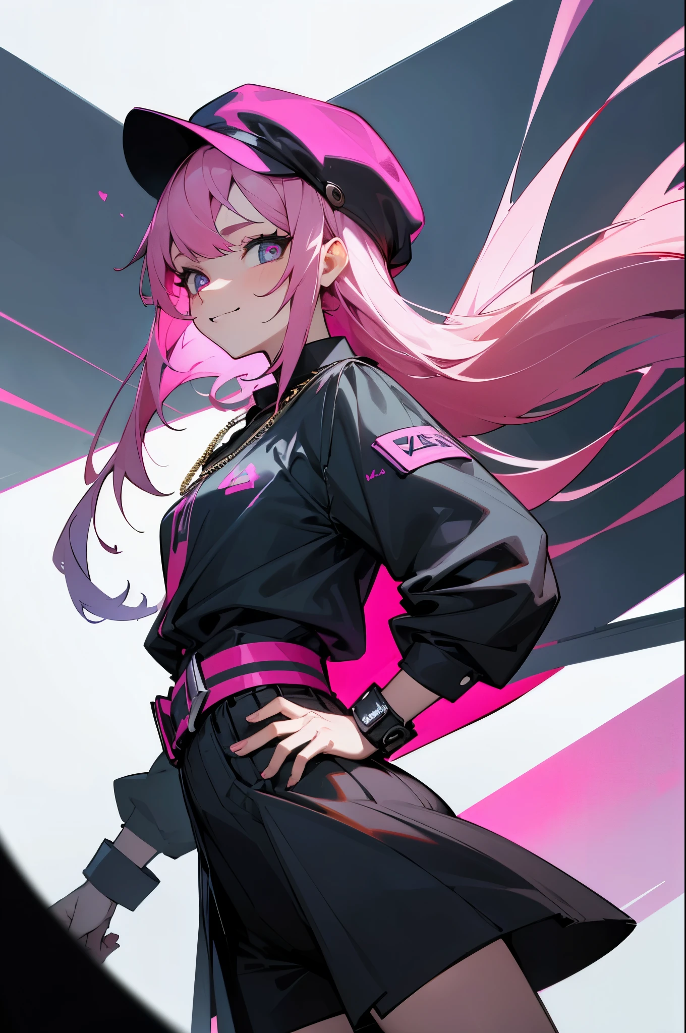 (absurdres, 8k, 4k, masterpiece, hyper extreme detailed:1.2), solo, 1girl, front view, perfect face, 1girl, portrait, expressive eyes, looking at viewer, solo, standing, mature female, pale, , looking forward, front view, confident, wind, windy, moving hair, front view, mature body, tomboy, , Newsboy Cap, long pink hair, black shorts, yellow belt, waist jacket, dark blue, medium bust, black wrist cuffs, black pupils, dark pink irises, hair down to back, egotistical, powerful, strong, proud, arrogant, ripped clothes, blue newsboy cap, right hand on hip, streetwear, fashionable, crazy face, crazy eyes, crazy smile, right bangs, necklace,
