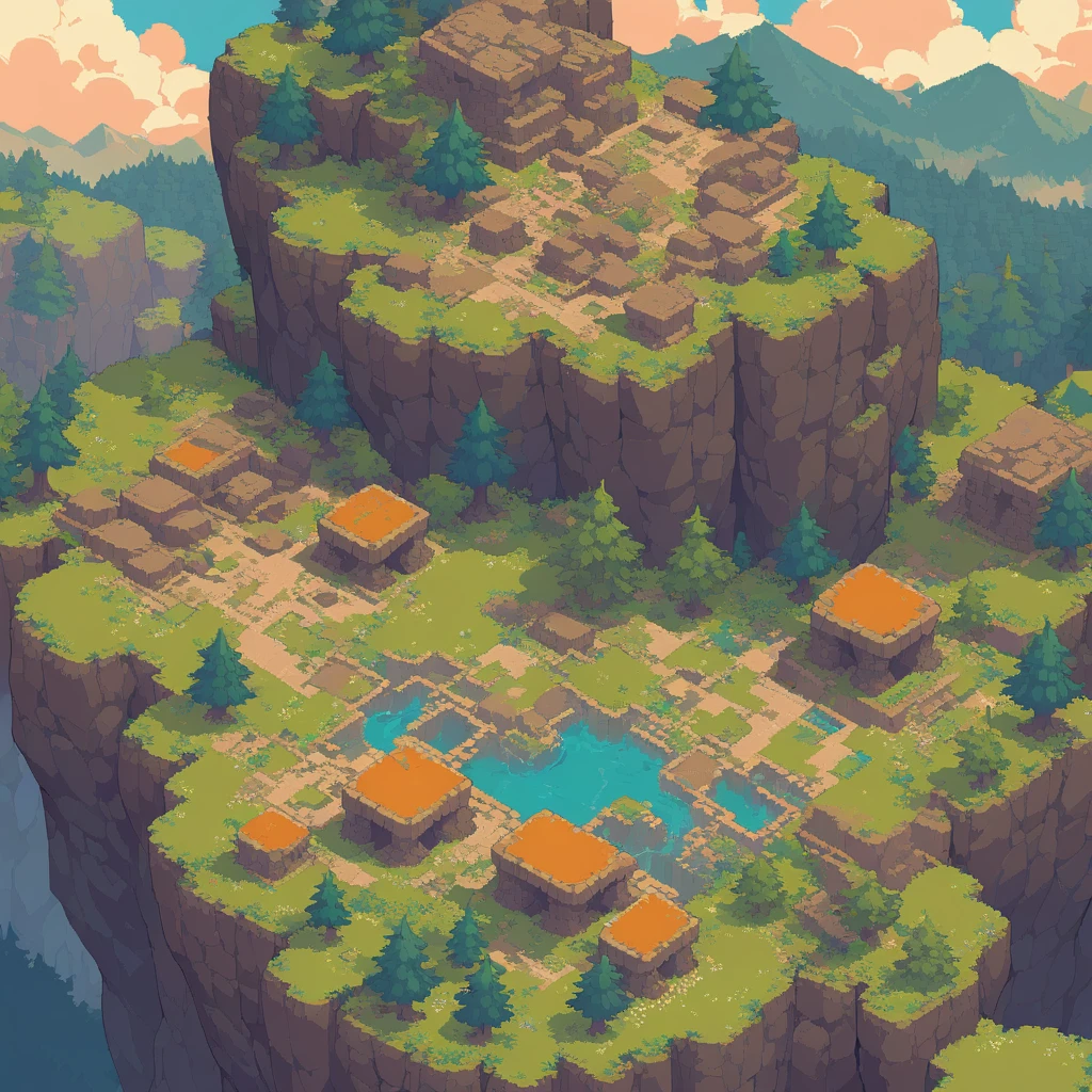 retro video game style,pixelated, vibrant pastel colors,8-bit characters,blocky shapes,sharp lines,detailed shading,classic gaming vibe,nostalgic atmosphere,classic arcade games,masterpiece:1.2,ultra-detailed,illustration style, 2d texture, stone texture, 4 k seamless mud texture, video game texture, dirt texture, tileset, game tiles, grass, 3/4th perspective trees, 3/4th perspective tileable rock texture, 3/4th perspective tileable cliff formations, tileable trees, topdown view, game texture, game art, tileable texture, very detailed cliff texture, intricate stones, top down view, 3/4th perspective