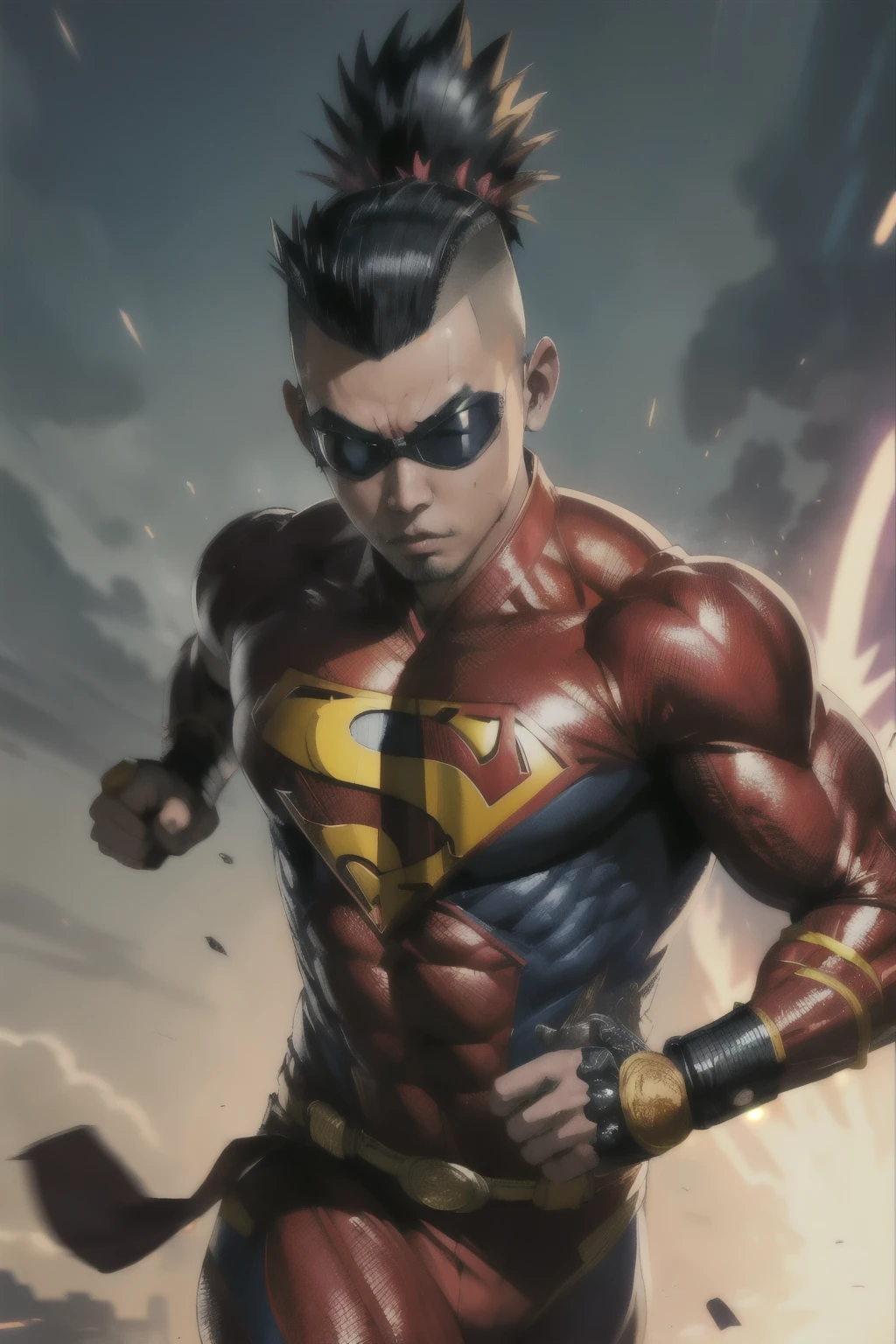 ((best quality)), ((artwork)), ((detailed)), man, Asian, with protective goggles, mohawk hairstyle, superhero costume, running at super speed