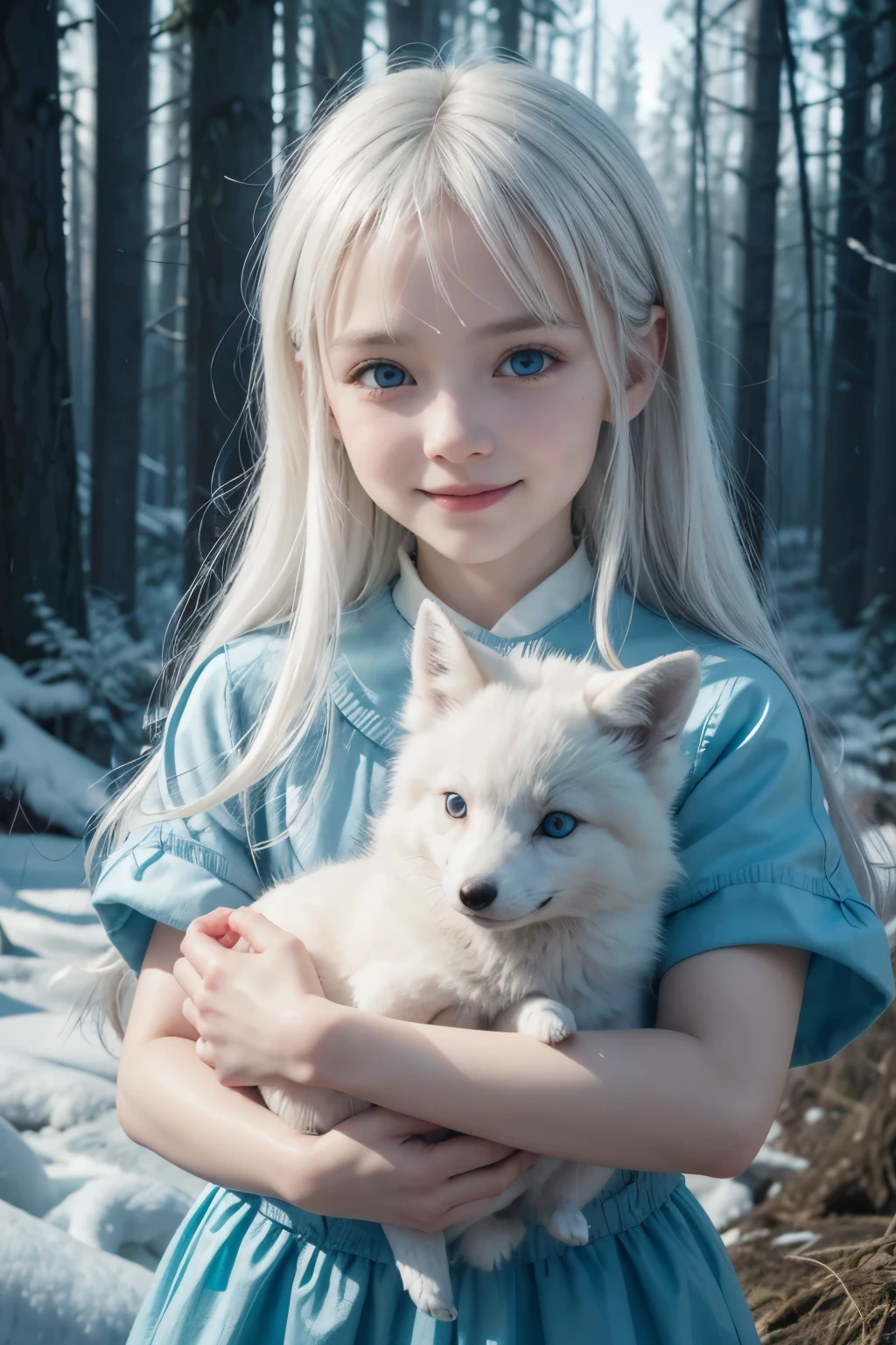 9 years old, with white hair, blue outfit, holding an ice white baby fox, in the ice forest, Grinning, can&#39;t look human, magie