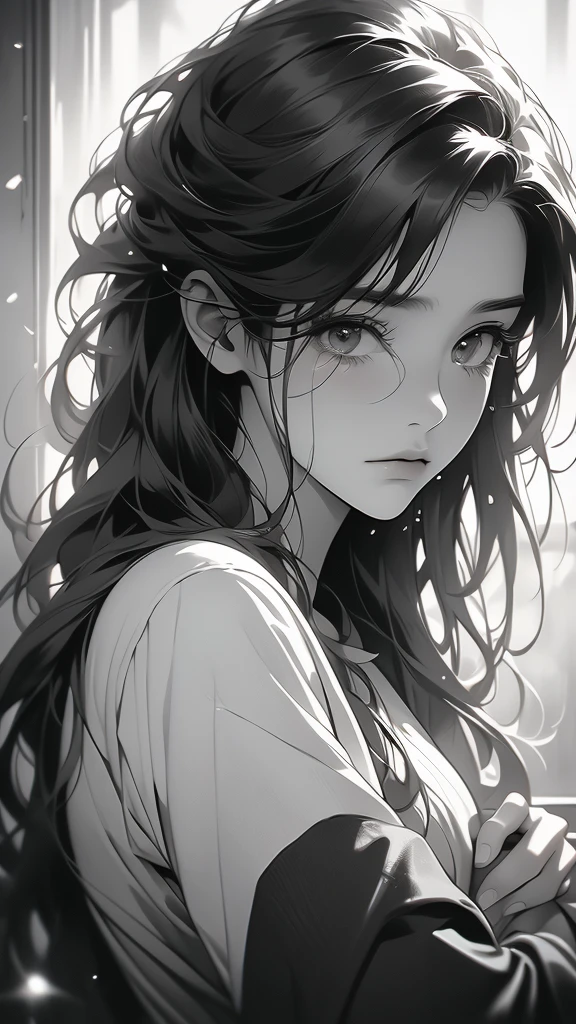 black and white photo of a person crying and being held by someone, monochrome, greyscale, solo, 1girl, tears