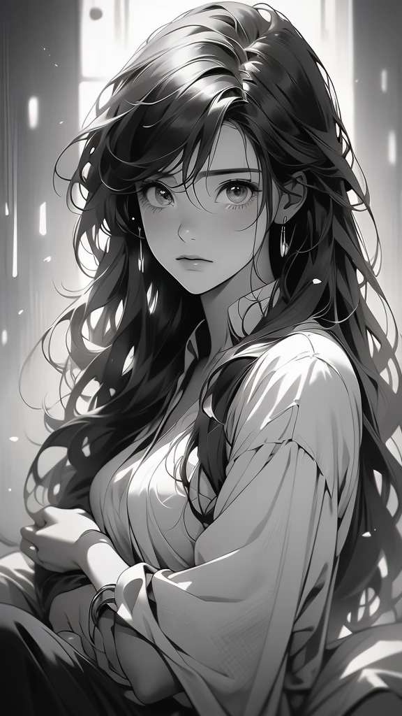 black and white photo of a person crying and being held by someone, monochrome, greyscale, solo, 1girl, tears
