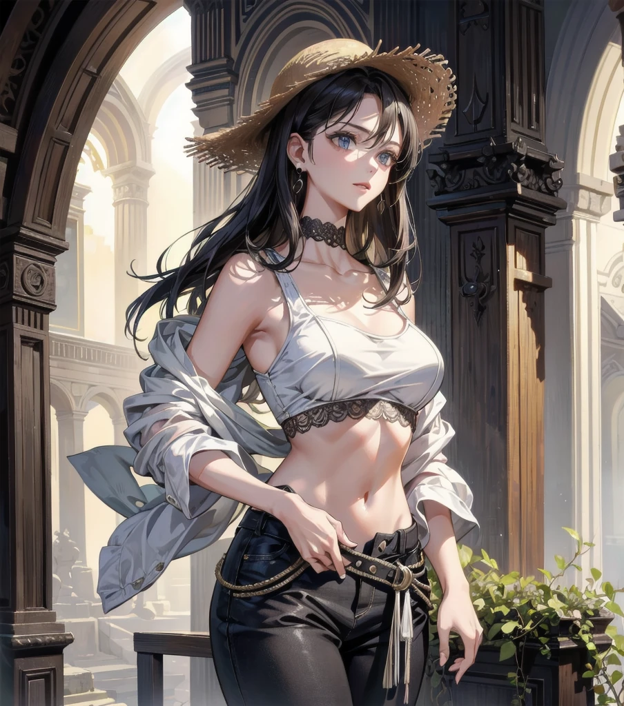 absurdres, RAW photo, extremely delicate and beautiful, masterpiece, Best Quality, ultra high resolution, 32k, hyperrealistic, ultra-detailed, Very detailed CG 8k wallpaper, detailed background, landscape, Beautiful Lighting, Perfect Lightning, Realistic Shadows, perfect anatomy, anatomically correct, perfect figure, Perfect Style, Perfect balance, super Detailed skin, in her 30s, very Slim body, narrow waist, very small head, very small face, delicate facial features, handsome detailed woman, very detailed eyes and face, realistic face proportions, Realistic beautiful face, Realistic beautiful eyes, tearful mole, earring, whole body shot, very huge round tits, medium hair, asymmetrical hair, indoor, blouse, bare collarbone, midriff, shorts, straw hat,
