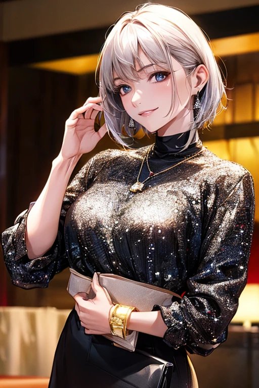 ((Highest quality)),(超High resolution),(Very detailed),(Detailed Description),((The best CG)),(masterpiece),Ultra-detailed art、(Highest quality、8k、32K、masterpiece)、(Realistic)、(Realistic:1.2)、(High resolution)、Very detailed、Very beautiful face and eyes、1 female、((:1.3))、Tight waist、Delicate body、(Highest quality、Attention to detail、Rich skin detail)、(Highest quality、8k、Oil paints:1.2)、Very detailed、(Realistic、Realistic:1.37)、Bright colors、A beautiful woman in her mid-twenties working in Ginza at night。((she、Asymmetrical pixie cut:1.8、Bangs are long and swept to the side。))。The makeup is natural、Enhances natural beauty。((Black leather jacket and silver sequin camisole。tight black skinny pantultiple thin silver chain necklaces and a studded clutch bag。))。The neon lights of Ginza shine in the background.、It creates the atmosphere of a night town.。The style is realistic、Has a photo-like texture。she自信に満ちた表情で、Smiling at the camera。