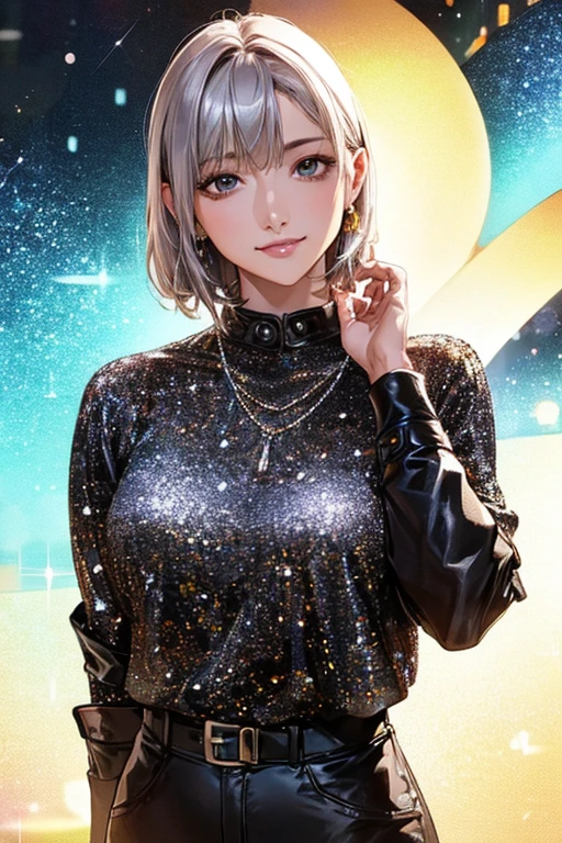 ((Highest quality)),(超High resolution),(Very detailed),(Detailed Description),((The best CG)),(masterpiece),Ultra-detailed art、(Highest quality、8k、32K、masterpiece)、(Realistic)、(Realistic:1.2)、(High resolution)、Very detailed、Very beautiful face and eyes、1 female、((:1.3))、Tight waist、Delicate body、(Highest quality、Attention to detail、Rich skin detail)、(Highest quality、8k、Oil paints:1.2)、Very detailed、(Realistic、Realistic:1.37)、Bright colors、A beautiful woman in her mid-twenties working in Ginza at night。((she、Asymmetrical pixie cut:1.8、Bangs are long and swept to the side。))。The makeup is natural、Enhances natural beauty。((Black leather jacket and silver sequin camisole。tight black skinny pantultiple thin silver chain necklaces and a studded clutch bag。))。The neon lights of Ginza shine in the background.、It creates the atmosphere of a night town.。The style is realistic、Has a photo-like texture。she自信に満ちた表情で、Smiling at the camera。