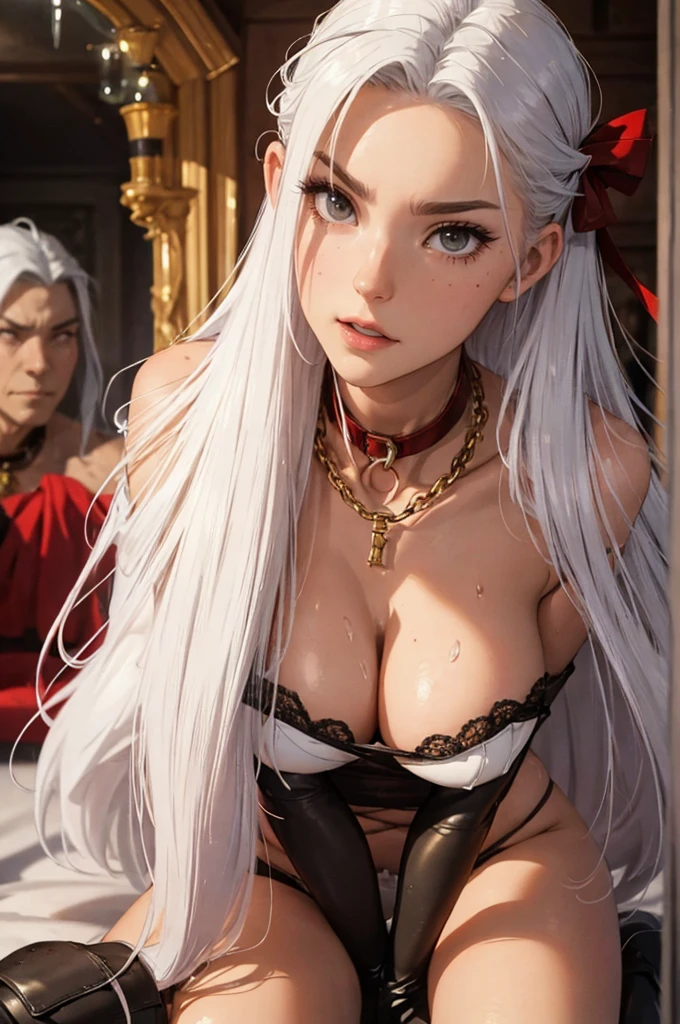 （lifelike， high - resolution：1.3）， 1 girl with a perfect body，slender body, Super fine face and eyes，assasin, dark makeup, shiny skin，white hair, (surrounded by monster, orc), demons, beautiful captured girl, horror, dark, sexy, rough, , bdsm, golden chains, (golden leash), collar, beautiful bodies, slim, horror style, highly detailed faces, red silk underware, stockings, leather tight boots, closeup, ((orc groping girl, gangbang)), ((covered in cum))