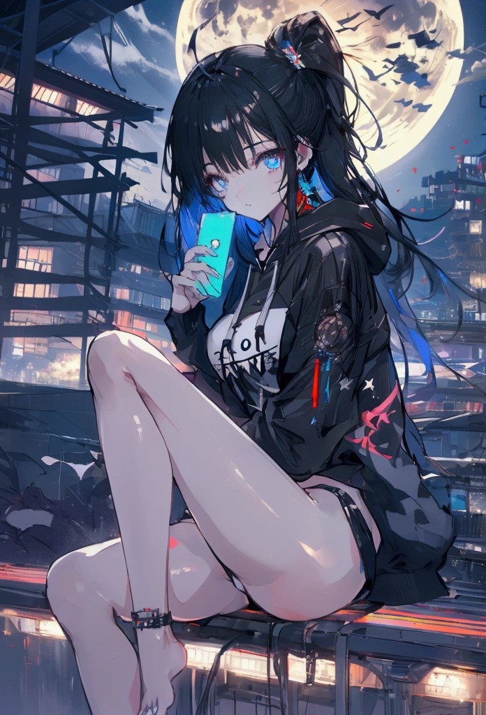 Using a laptop、Beautiful Face、Beautiful legs、Black Hair、full moon,neon.hoodie,Sitting、IT Engineer、Building district、Landscape、rooftop,Dangling legs、Shibuya