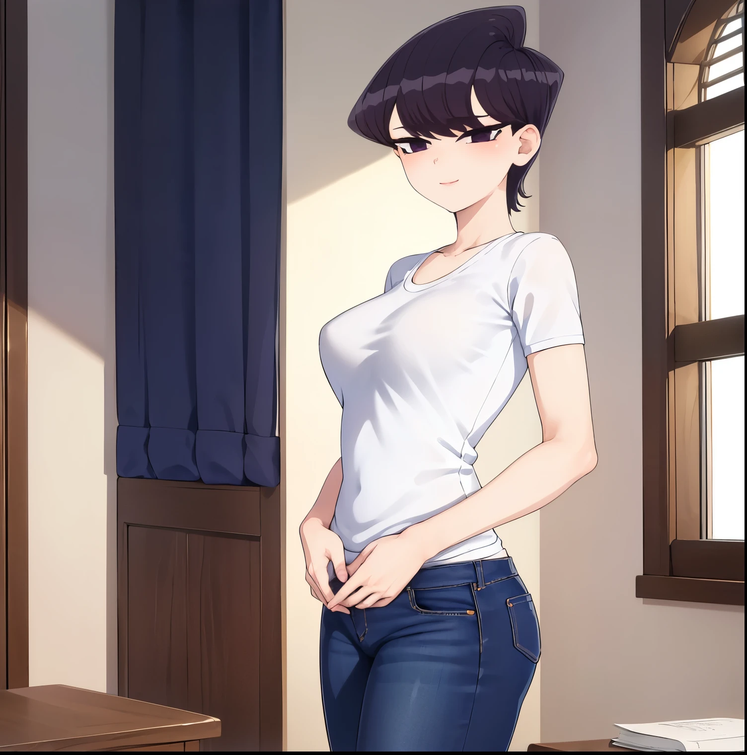 ((1girl)),((alone)), komi shuuko,(masterpiece), (best quality), (ultra detailed), (best illustration), (best shadow), (absurdities), sharp focus, cowboy shot , dynamic posture looking at the viewer, big breasts, narrow waist, wide hips, wide thighs, round butt, erotic, romantic, (very detailed eyes, lips 1.1), very detailed eyes, eyes, Very detailed face, Very beautiful face, height full, beautiful slim figure, femininity, expressive appearance, elastic big breasts, increased sexuality, ((short hair)), wavy hair, dark purple hair, parted on the left side of the head, dark purple eyes, smiling, seductive, makeup , light pink lipstick, ((beige shirt)), v-neck, short sleeves, neckline, ((denim jeans)), tight jeans, defined body, perfect and beautiful body, perfect and beautiful, closed mouth, smile, seductive smile,blushing, (sexy pose: 1.2), ((only)), standing: 1.3, interior, Japanese house, star room, armchair, table, window, night, looking back, from behind, ((focus on the ass)), point of view: (from Enmedio), red blush, perfect anatomy, perfect hands