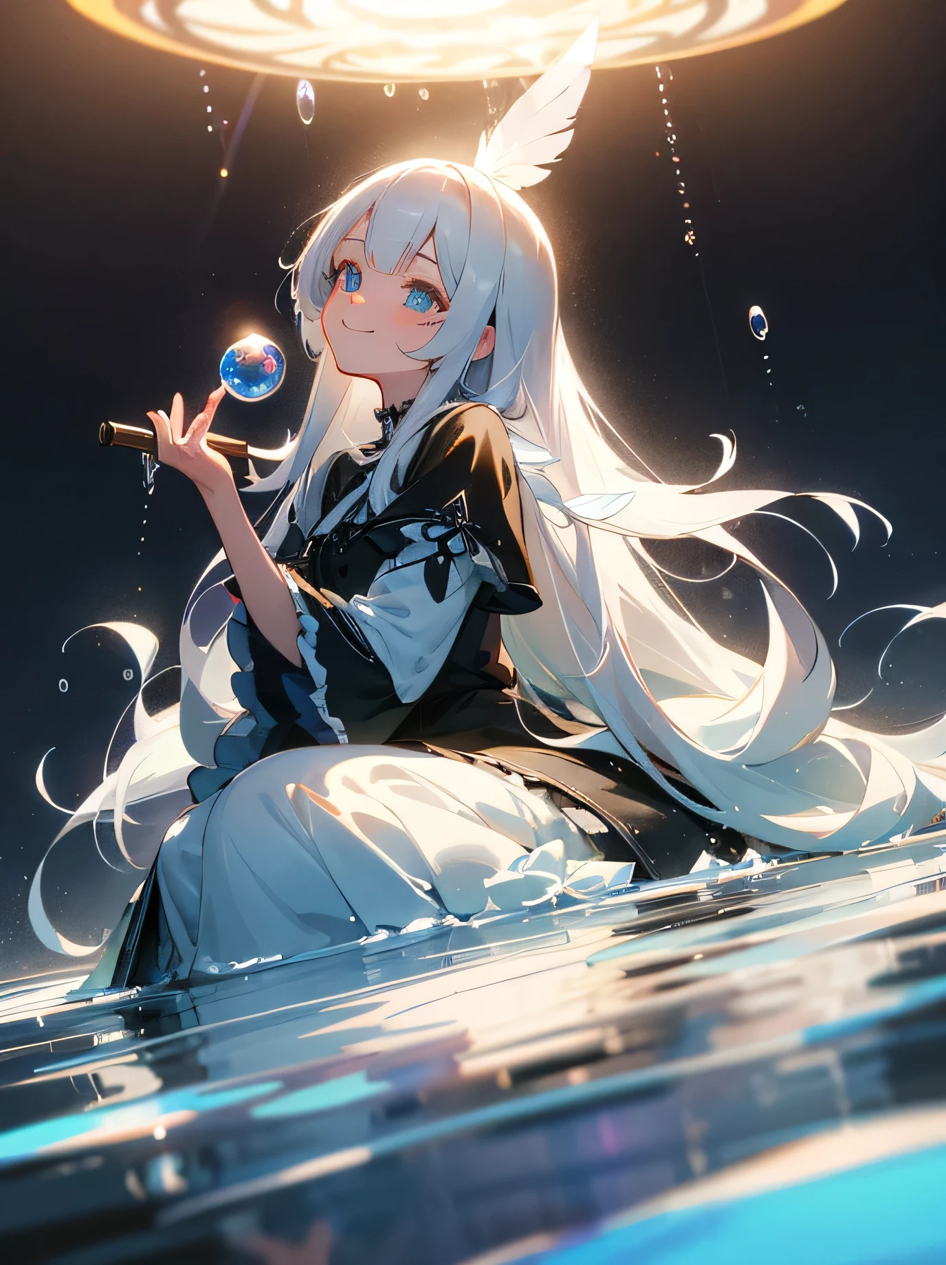 kawaii, anime, Cute, hyper quality, highly detailed, 8k, Clarity, Draw facial expressions in detail, long silver hair woman, mysterious, Beautiful eyes, highlight on eyes, smile, clarify shadows, Feathers dance, full of light, Make the background stand out, draw the whole body, light pours from heaven, magic, sitting, gothic lolita clothing, Clarify the contrast between light and shadow, divine, lady, strengthen contrast, turning around, Improve the depiction of eyes, pull point, water drop, Draw water droplets realistically, Soap bubble, shining in rainbow colors, Uplifting, eye color is blue,