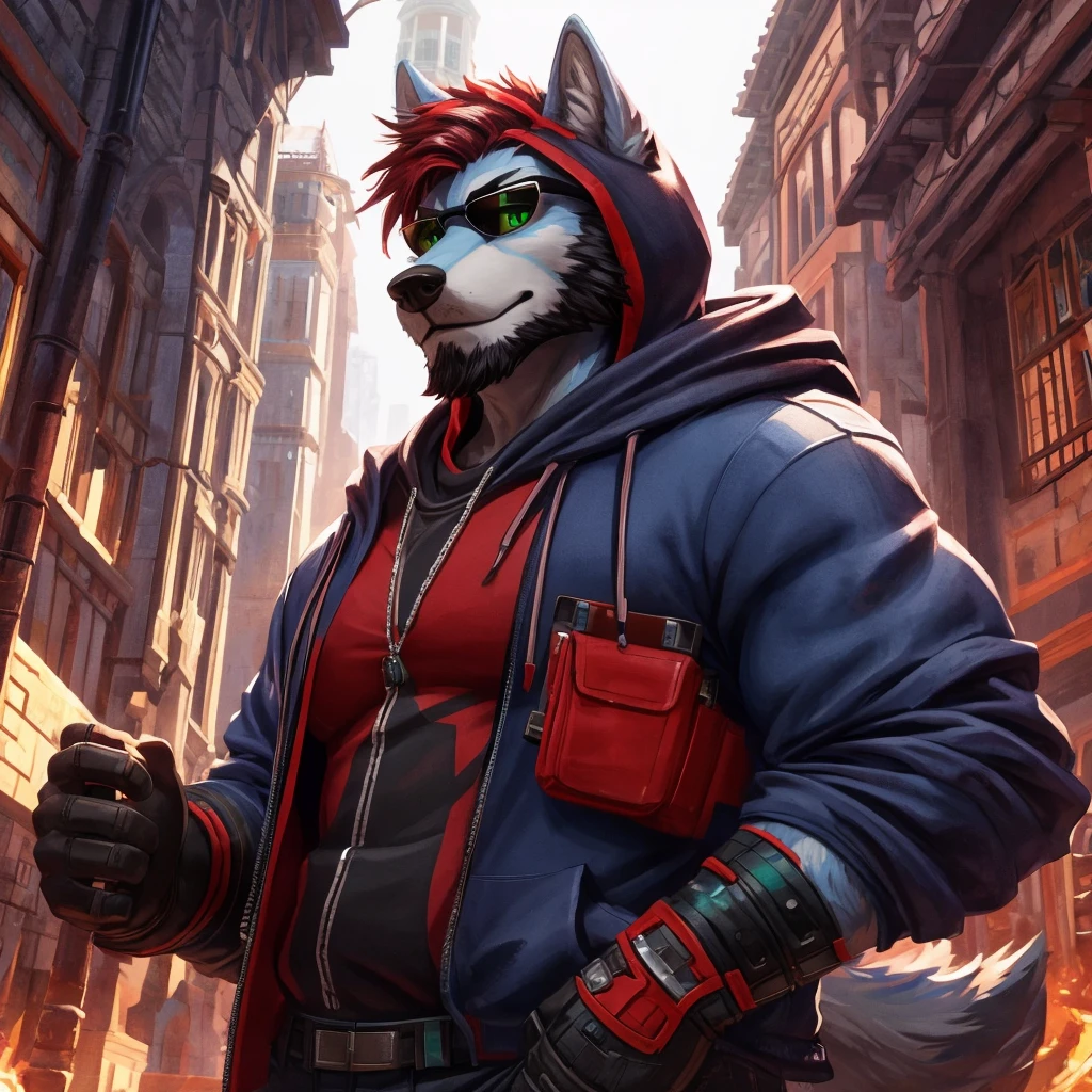 no lighting, deep shadow, dynamic angle, Solo, teen furry, furry, teen, raccoon, grey body, long brown spiked_ponytail, Detailed body fur, long blue scarf, leather_harness, black_loincloth, goggles, masterpiece, gray body, Detailed face, big eyebrows, blue eyes, detailed eyes, No muscles, Detailed hands, Flat body, Skinny, Detailed paws, metal cuffs on wrists, metal cuffs on ankles, black baggy pants, no shirt, crowded city, night, no underwear, sitting, art by pache_riggs