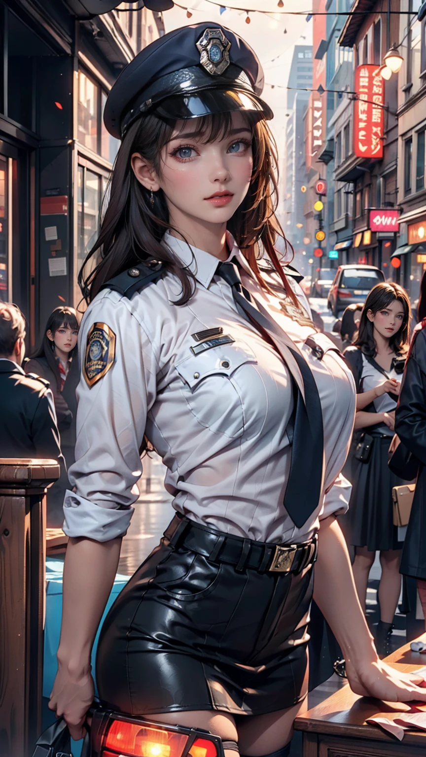 handcuffed [supervillainess:femme fatale] with big breasts, tiny waist, pokies,  tight shirt escorted by two male police officers out of a night club
 <lora:handcuffed_SD15:0.8> <lora:pokies_9:0.7>