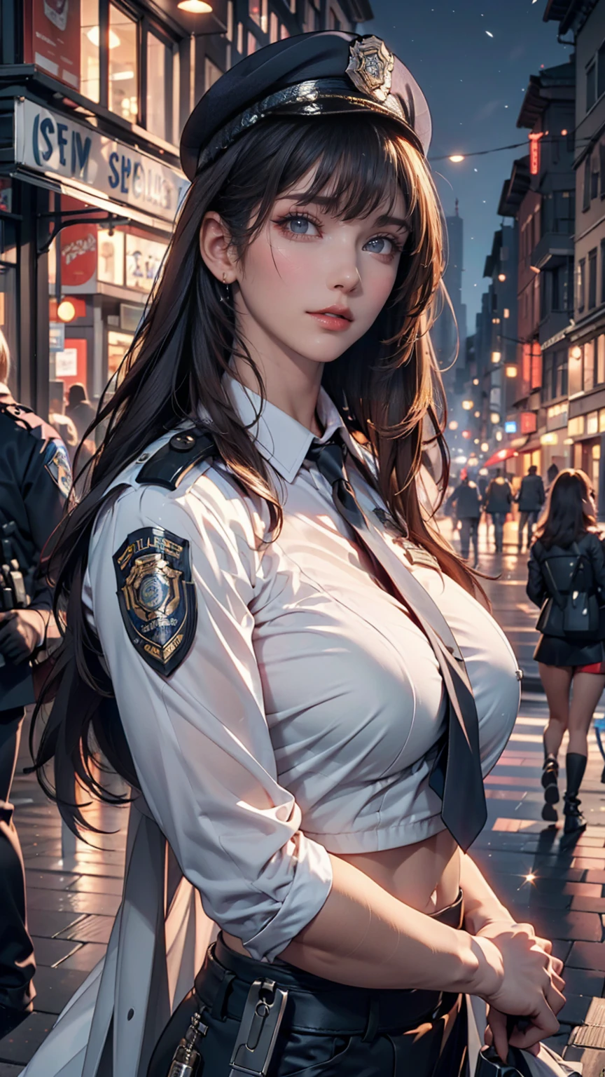 alone, (Police uniform, Female police officer), stockings, City lights, (Looking at the audience: 1.3), Release your lips, Red lips, Glowing Skin, Skin dents, Highest quality, Ultra-high resolution, (realism: 1.4),