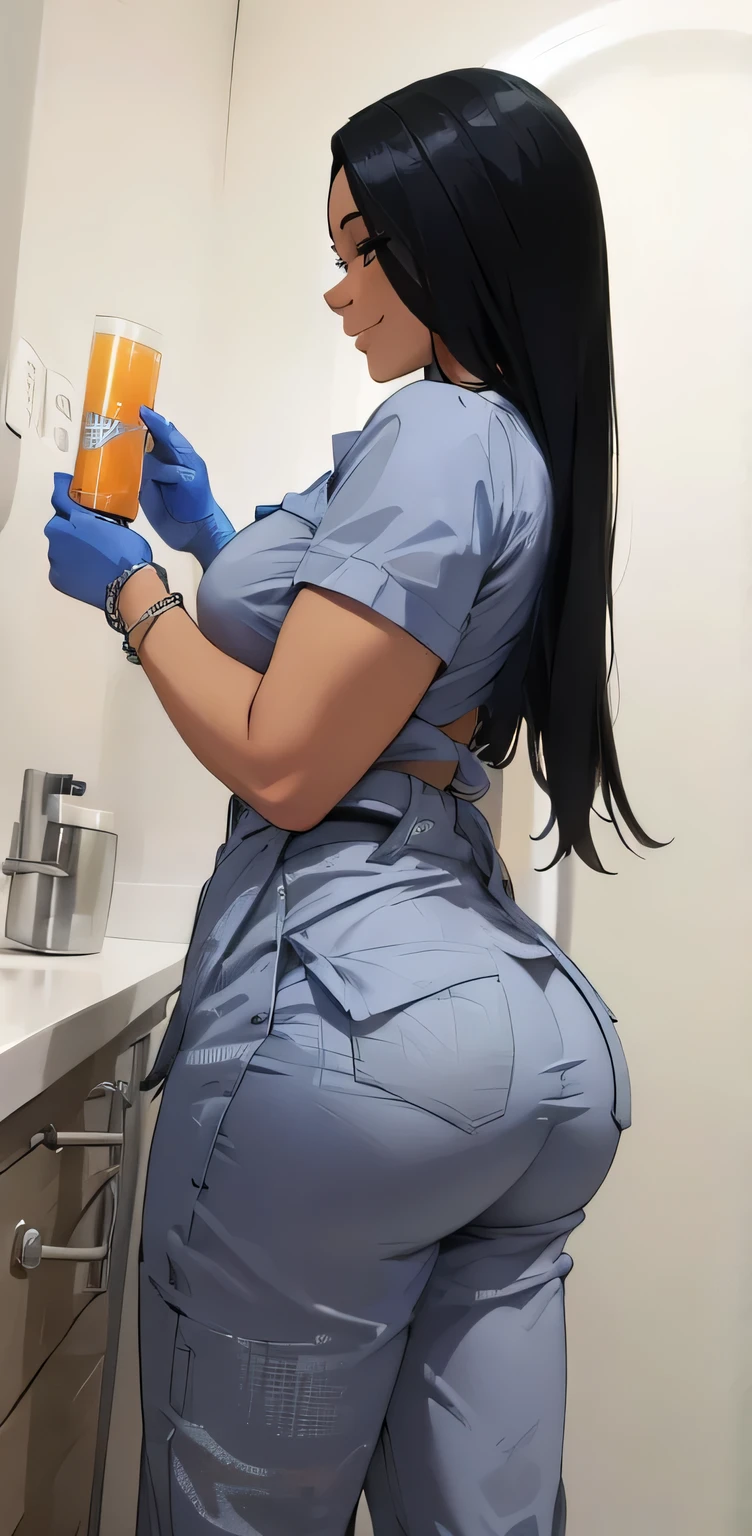 a doctor girl with a large butt, her butt marked in her clothe, she smilling.