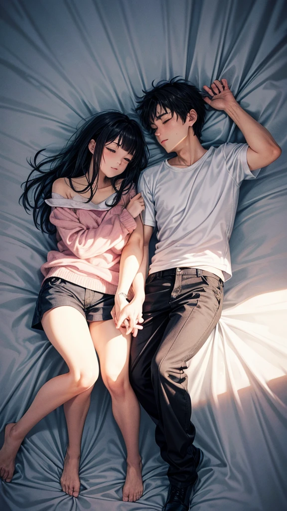 A couple is sleeping on the bed. The couple is wearing short clothes. It is night.
