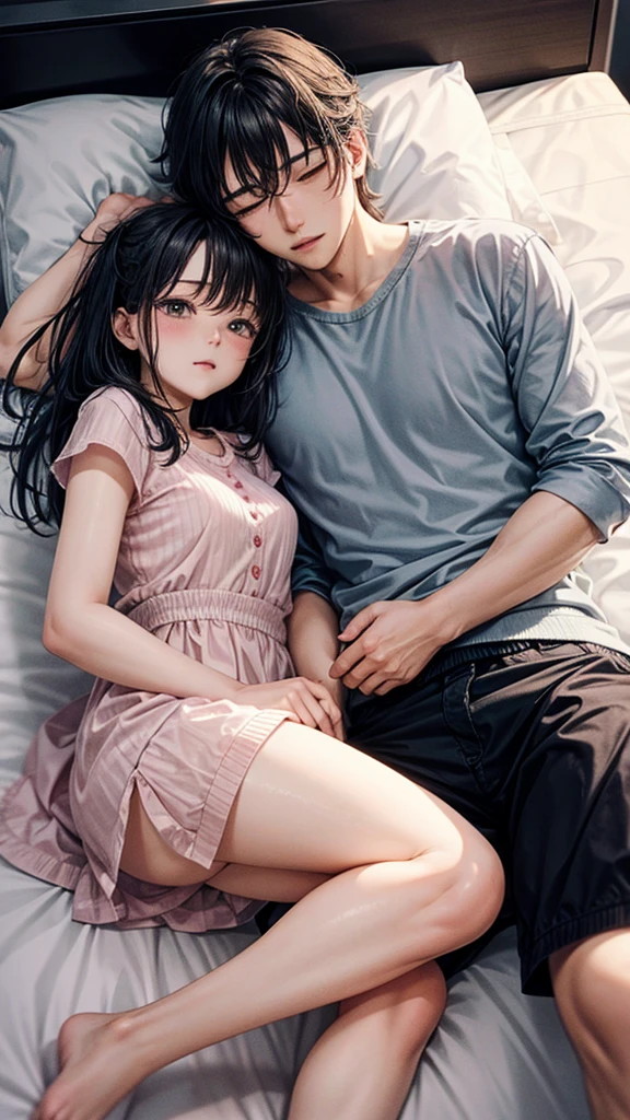 A couple is sleeping on the bed. The couple is wearing short clothes. It is night.