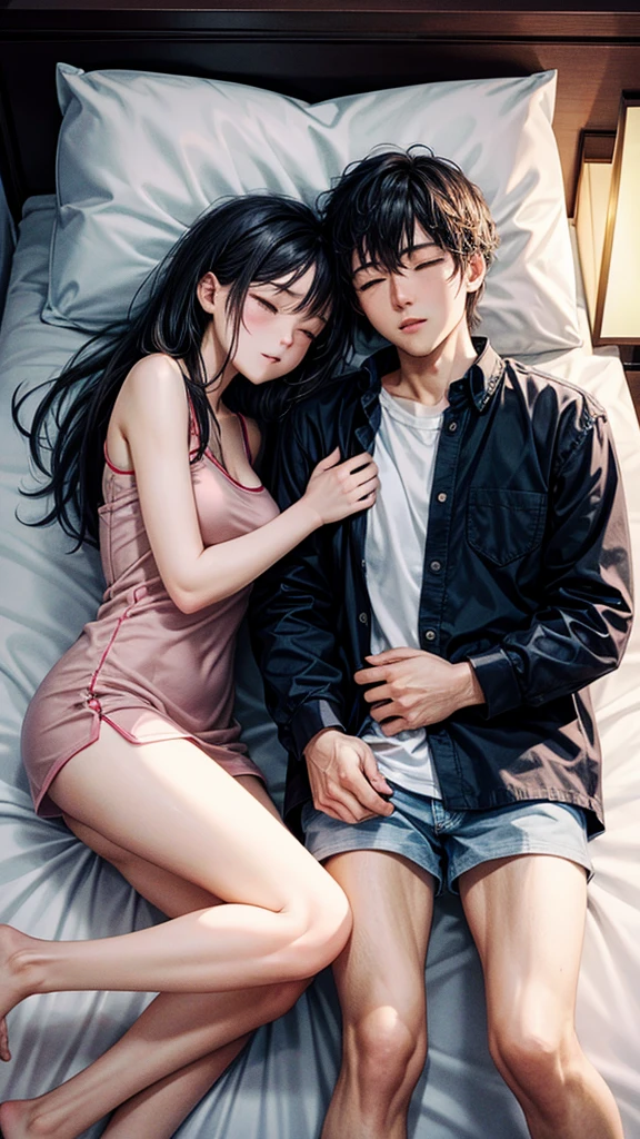 A couple is sleeping on the bed. The couple is wearing short clothes. It is night.