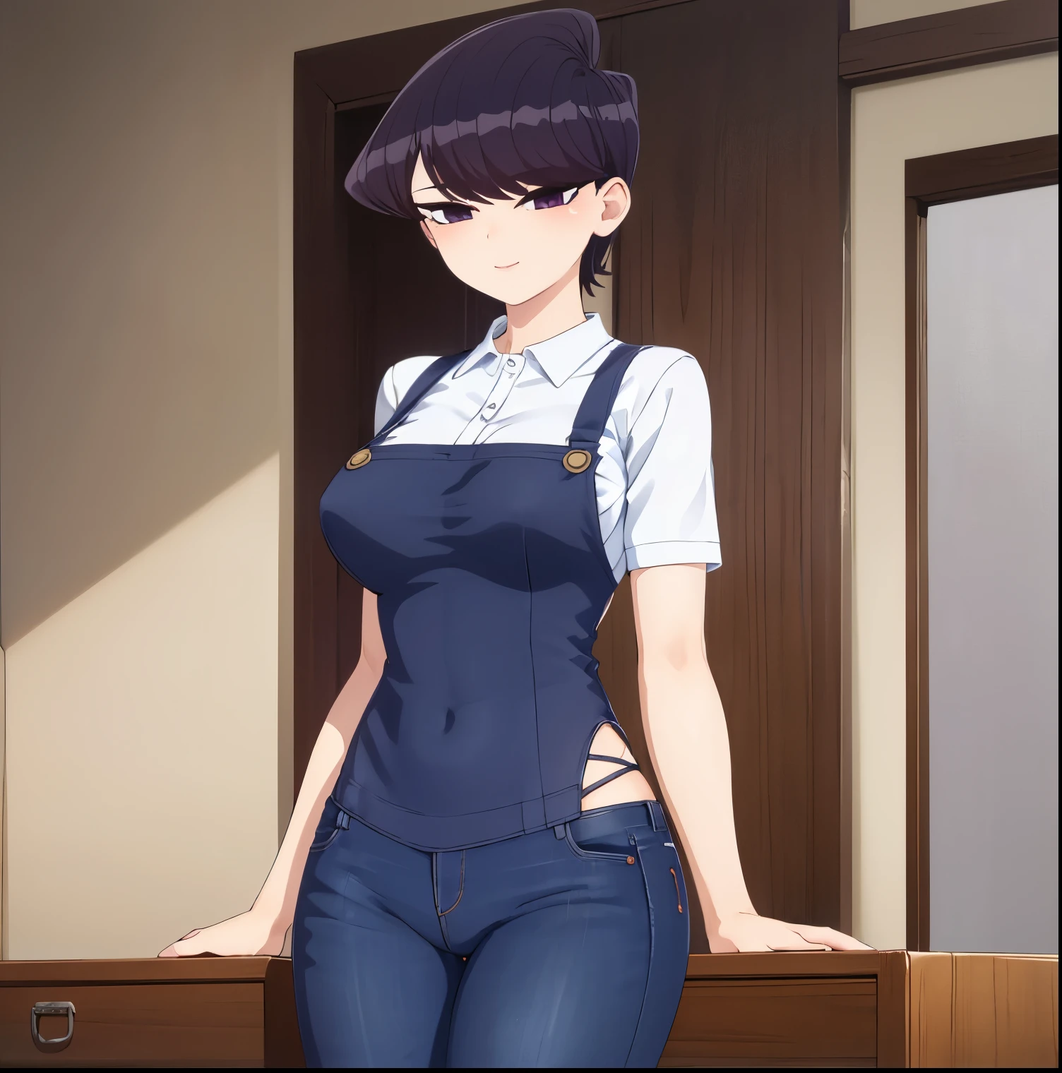 ((1girl)),((alone)), komi shuuko,(masterpiece), (best quality), (ultra detailed), (best illustration), (best shadow), (absurdities), sharp focus, cowboy shot , dynamic posture looking at the viewer, big breasts, narrow waist, wide hips, wide thighs, round butt, erotic, romantic, (very detailed eyes, lips 1.1), very detailed eyes, eyes, Very detailed face, Very beautiful face, height full, beautiful slim figure, femininity, expressive appearance, elastic big breasts, increased sexuality, ((short hair)), wavy hair, dark purple hair, parted on the left side of the head, dark purple eyes, smiling, seductive, makeup , light pink lipstick, ((beige shirt)), v-neck, short sleeves, ((dark green apron)) neckline, ((denim jeans)), skinny jeans, defined body, Perfect and beautiful body, perfect and beautiful, closed mouth, smile, seductive smile, blushing, (sexy pose: 1.2), ((solo)), standing: 1.3, interior, Japanese house, star room, armchair, table, window, night, looking forward, ((focus on thighs)), point of view: (from below), red blush, perfect anatomy, perfect hands