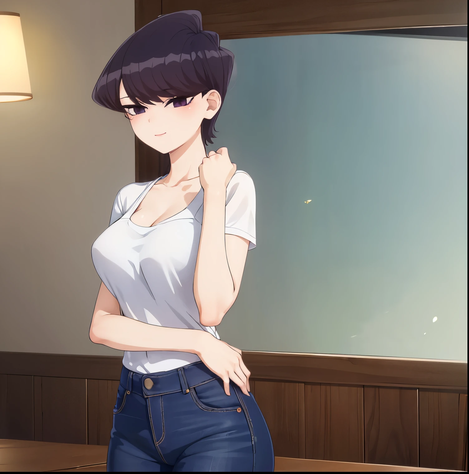 Best Quality, masterpiece, ((Solo, 1girl)), Komi shouko, fine detailed shiny eyes, medium chest, high resolution, best lighting, extremely detailed illustrations, blush, embarrassed, smile, open mouth, crotch seam, cameltoe, day, very NSFW, no bra, wet shirt, very hot, extremely aroused, very tight jeans, panty strings visible, thong strings visible,