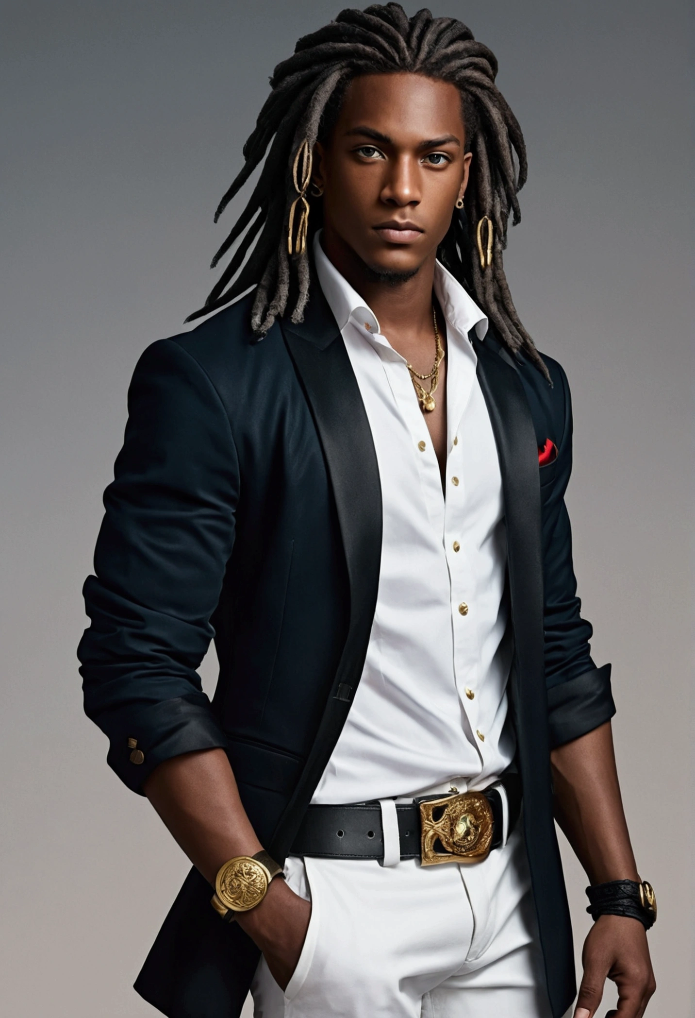 Dark-skinned young man, blue eyes and black jacket, Dreadlocks azul claro, estilo de cabelo dreadlock, not anime style, colourful drawing, unrealistic character concept, Portrait of my character concept, detailed portrait of the character, anime style character, anime style portrait, a character portrait, cel - shaded art style, His outfit consists of a black, unbuttoned blazer with gold buttons on the front of the blazer and at the bottom of the sleeves and he wears a white V-neck shirt, White pants, a large black belt with a gold buckle, a smaller black belt hanging from the side of the hip, and is wearing beige shoes with black buckles, inspired by King of Fighters with hands on head, he is wearing a red cloak and has tattoos all over his body 
