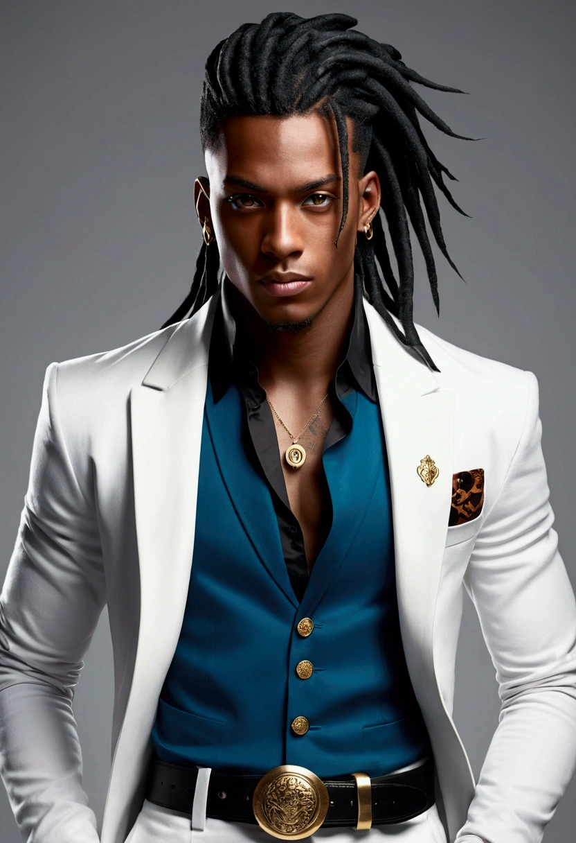 Dark-skinned young man, blue eyes and black jacket, Dreadlocks azul claro, estilo de cabelo dreadlock, not anime style, colourful drawing, unrealistic character concept, Portrait of my character concept, detailed portrait of the character, anime style character, anime style portrait, a character portrait, cel - shaded art style, His outfit consists of a black, unbuttoned blazer with gold buttons on the front of the blazer and at the bottom of the sleeves and he wears a white V-neck shirt, White pants, a large black belt with a gold buckle, a smaller black belt hanging from the side of the hip, and is wearing beige shoes with black buckles, inspired by King of Fighters with hands on head, he is wearing a red cloak and has tattoos all over his body 