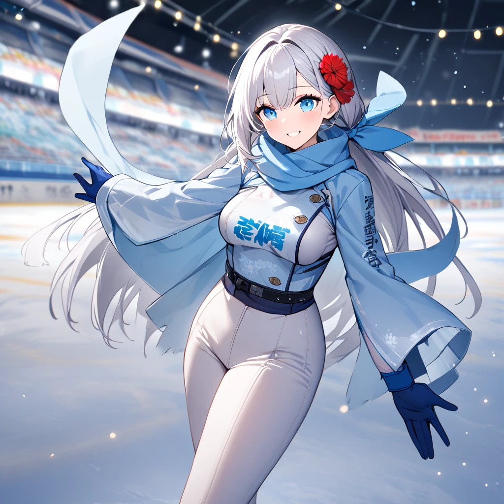 A woman wearing tight white pants, wearing ice skates, wearing a blue cold shirt, kanji writer on the shirt, cold scarf over her white neck, blue gloves, on the ice rink, ice stadium, standing, smiling, breasts big, white hair, long hair, ice blue eyes, close view, Azur_lane, IJN_Shoukaku, location at night, with perfect lighting, (solo woman)red flower in hair, doing ice skate trick


