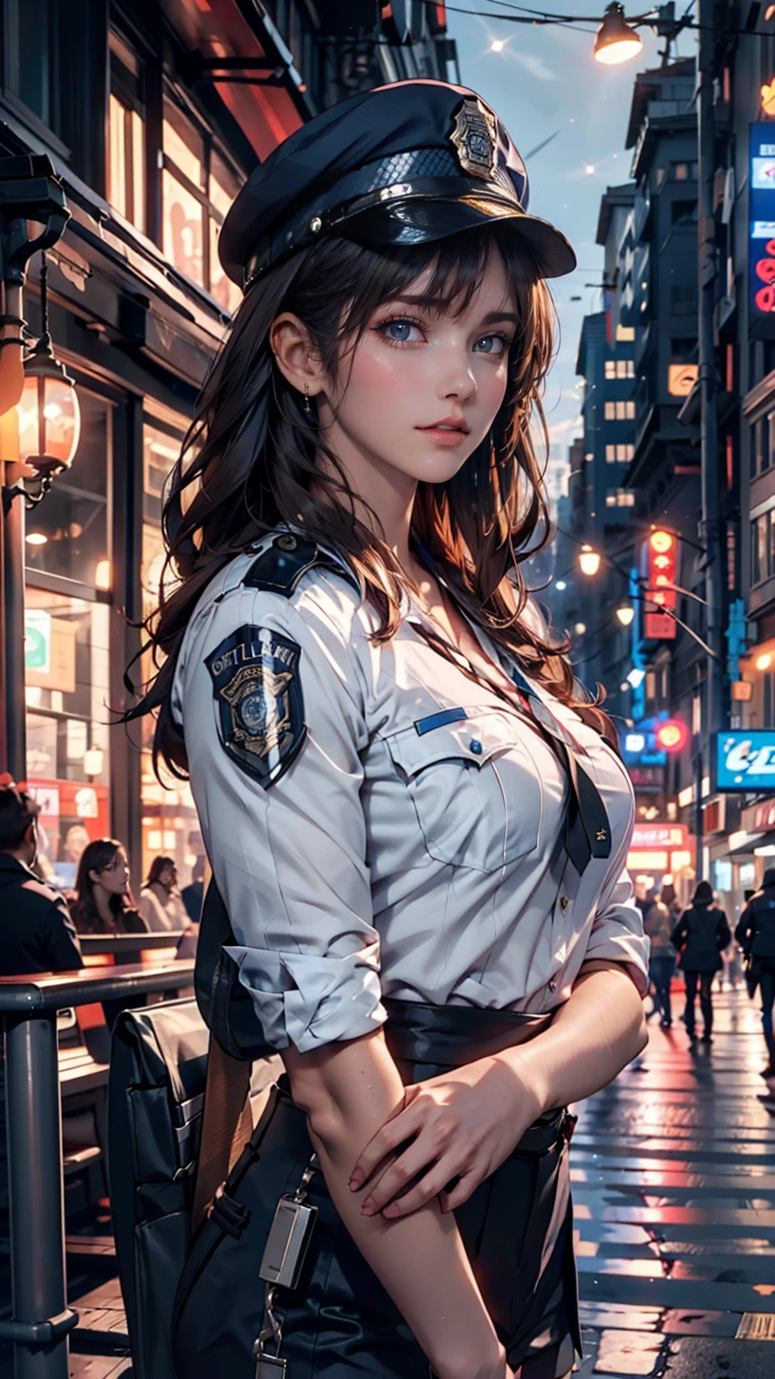 alone, (Police uniform, Female police officer), stockings, City lights, (Looking at the audience: 1.3), Release your lips, Red lips, Glowing Skin, Skin dents, Highest quality, Ultra-high resolution, (realism: 1.4),