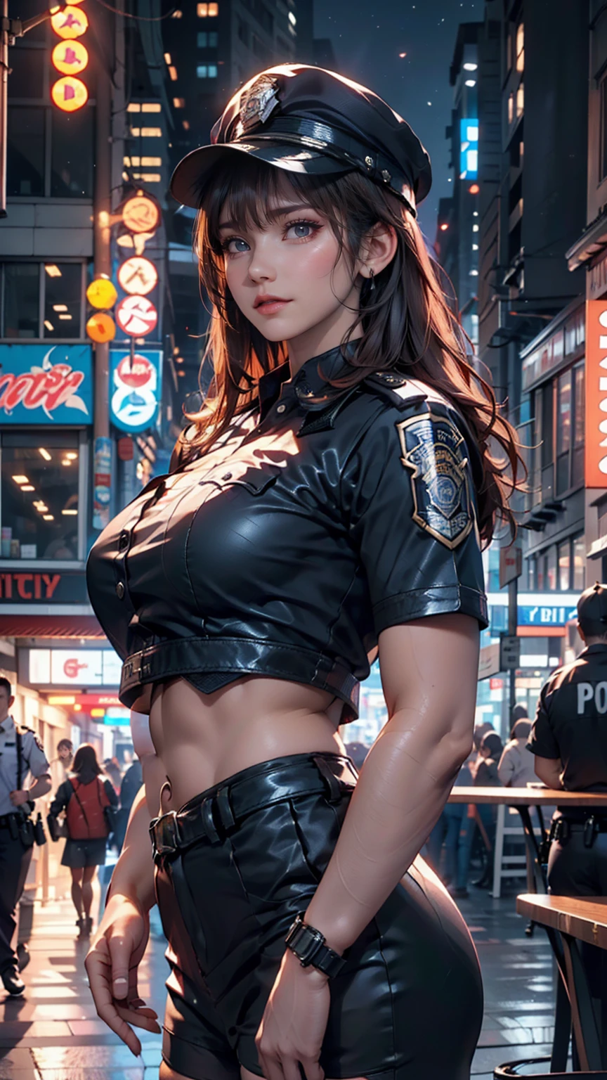 alone, (Police uniform, Female police officer), stockings, City lights, (Looking at the audience: 1.3), Release your lips, Red lips, Glowing Skin, Skin dents, Highest quality, Ultra-high resolution, (realism: 1.4),