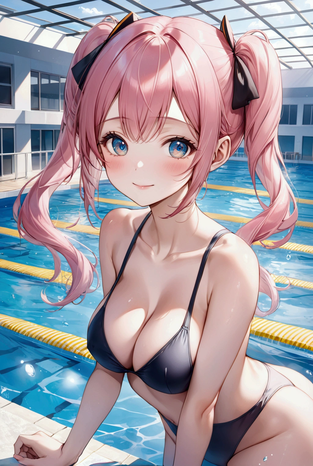 (Highest quality, 8k, 32K, masterpiece, Ultra-high resolution,:1.2),born, One girl,Super cute , Natural light,Clear, shining eyes, 20-year-old ,Fair skin, Girl with pink hair, Woman warrior, Sexy pose, An innocent smile, School swimming pool, A fantasy background reminiscent of an electronic world, Twin tails, Long Hair, Long Hair, Large Breasts, adult, School Swimsuit, Ocean, Ocean岸, School swimsuit, Nipples are visible, Upper body naked