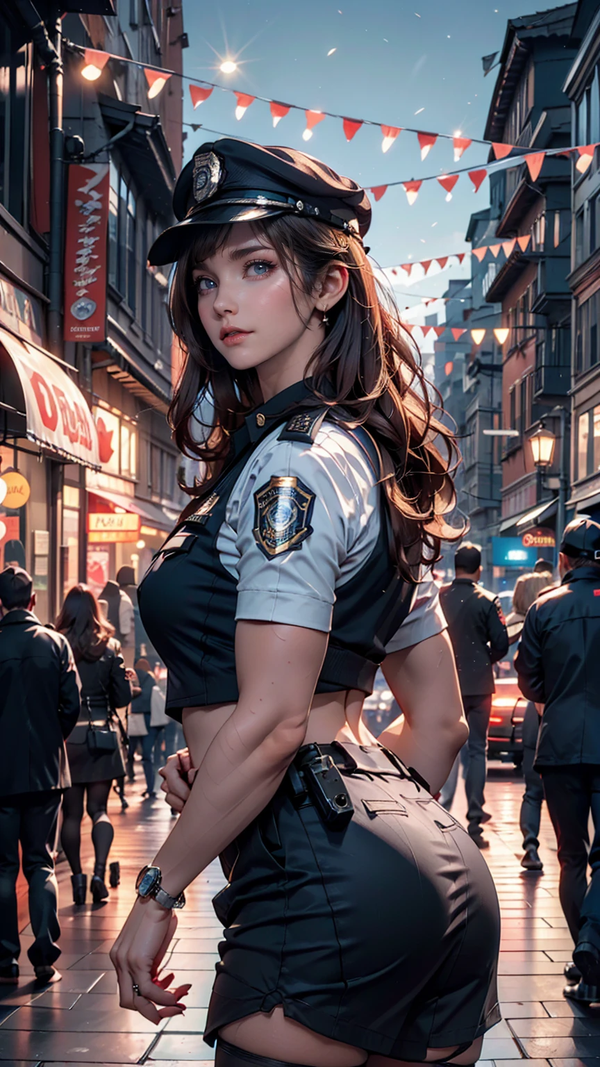 alone, (Police uniform, Female police officer), stockings, City lights, (Looking at the audience: 1.3), Release your lips, Red lips, Glowing Skin, Skin dents, Highest quality, Ultra-high resolution, (realism: 1.4),  