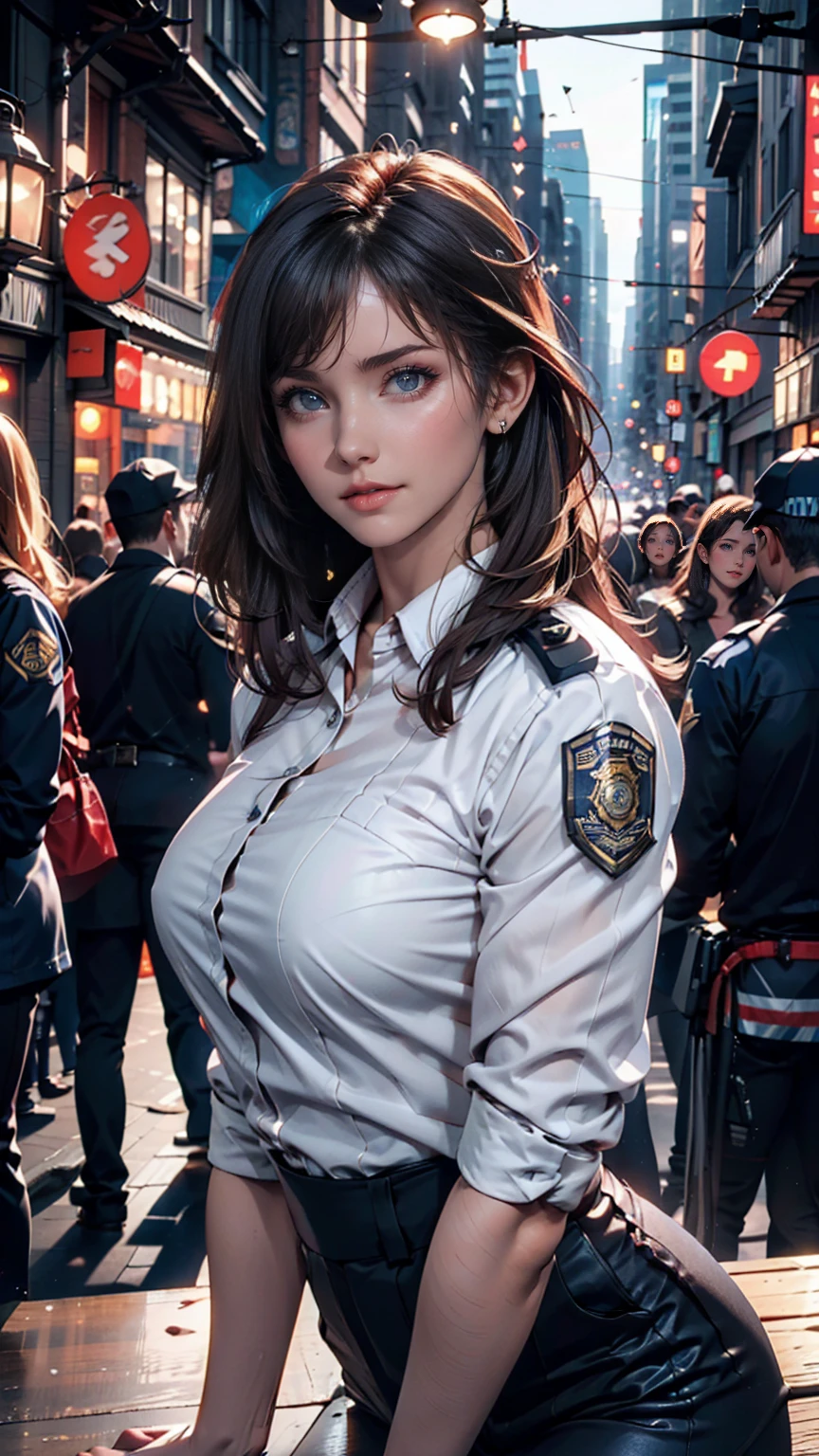alone, (Police uniform, Female police officer), stockings, City lights, (Looking at the audience: 1.3), Release your lips, Red lips, Glowing Skin, Skin dents, Highest quality, Ultra-high resolution, (realism: 1.4),