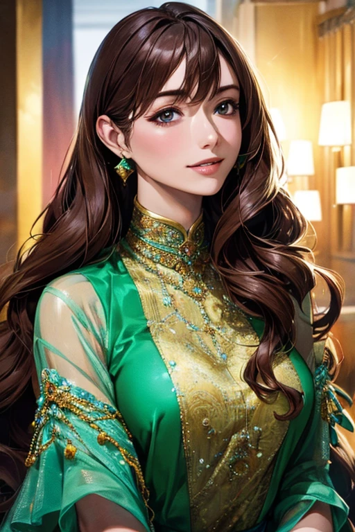 ((Highest quality)),(超High resolution),(Very detailed),(Detailed Description),((The best CG)),(masterpiece),Ultra-detailed art、(Highest quality、8k、32K、masterpiece)、(Realistic)、(Realistic:1.2)、(High resolution)、Very detailed、Very beautiful face and eyes、1 female、((:1.3))、Tight waist、Delicate body、(Highest quality、Attention to detail、Rich skin detail)、(Highest quality、8k、Oil paints:1.2)、Very detailed、(Realistic、Realistic:1.37)、Bright colors、A beautiful woman in her mid-twenties working in Ginza at night。((she、Long hair with loose waves:1.6、Put one side over your ear。))。The makeup is natural、Enhances natural beauty。((A sleek emerald green maxi dress with a deep V-neck。Side slits。Diamond drop earrings and matching bracelet。))。The neon lights of Ginza shine in the background.、It creates the atmosphere of a night town.。The style is realistic、Has a photo-like texture。she自信に満ちた表情で、Smiling at the camera。