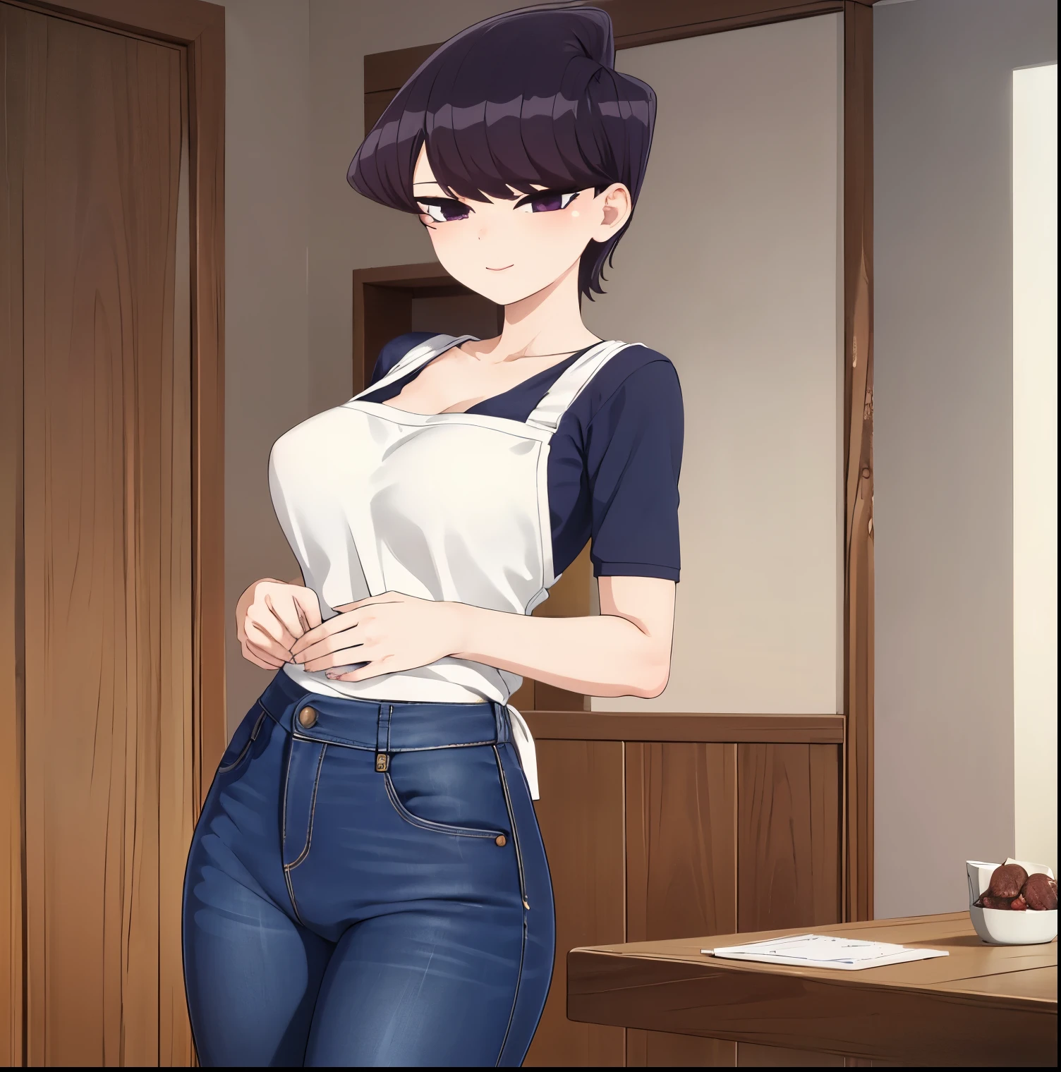 ((1girl)),((alone)), komi shuuko,(masterpiece), (best quality), (ultra detailed), (best illustration), (best shadow), (absurdities), sharp focus, cowboy shot , dynamic posture looking at the viewer, big breasts, narrow waist, wide hips, wide thighs, round butt, erotic, romantic, (very detailed eyes, lips 1.1), very detailed eyes, eyes, Very detailed face, Very beautiful face, height full, beautiful slim figure, femininity, expressive appearance, elastic big breasts, increased sexuality, ((short hair)), wavy hair, dark purple hair, parted on the left side of the head, dark purple eyes, smiling, seductive, makeup , light pink lipstick, ((beige shirt)), v-neck, short sleeves, ((dark green apron)) neckline, ((denim jeans)), skinny jeans, defined body, Perfect and beautiful body, perfect and beautiful, closed mouth, smile, seductive smile, blushing, (sexy pose: 1.2), ((solo)), standing: 1.3, interior, Japanese house, star room, armchair, table, window, night, looking back, from behind,((focus on ass)), point of view:(from below), red blush, perfect anatomy, perfect hands