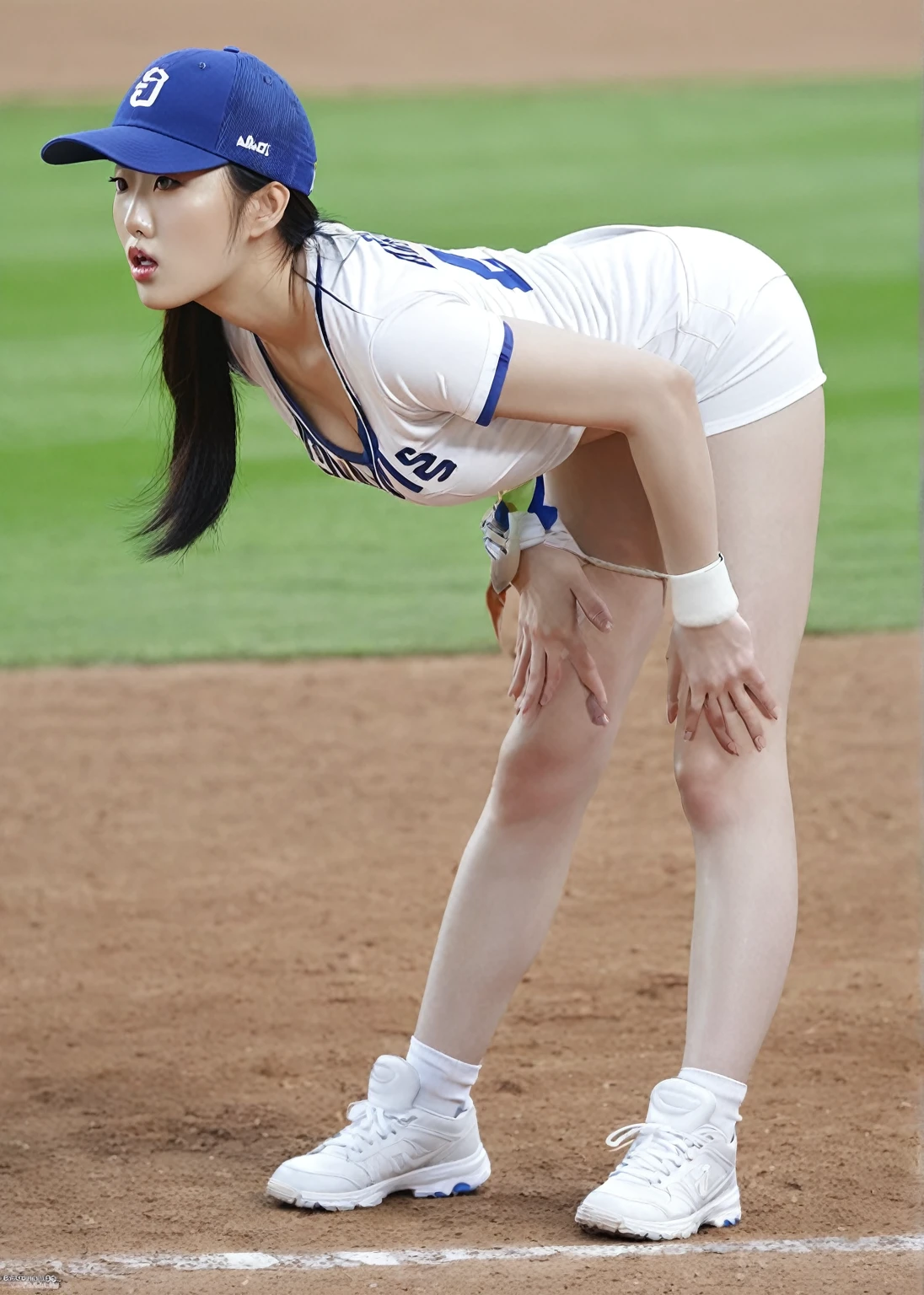 realistic,score_9, score_8_up, score_7_up, arafed female baseball player in a white shirt and blue hat, beautiful south korean woman, korean woman, korean girl, park ji-min, female baseball player, on the field, korean idol, widest hips, lee ji-eun, lee ji - eun, heonhwa choe, kim hyun joo, insanely inflated hips, seseon yoon, big breasts, (lips blowing gigantic clear bubblegum)