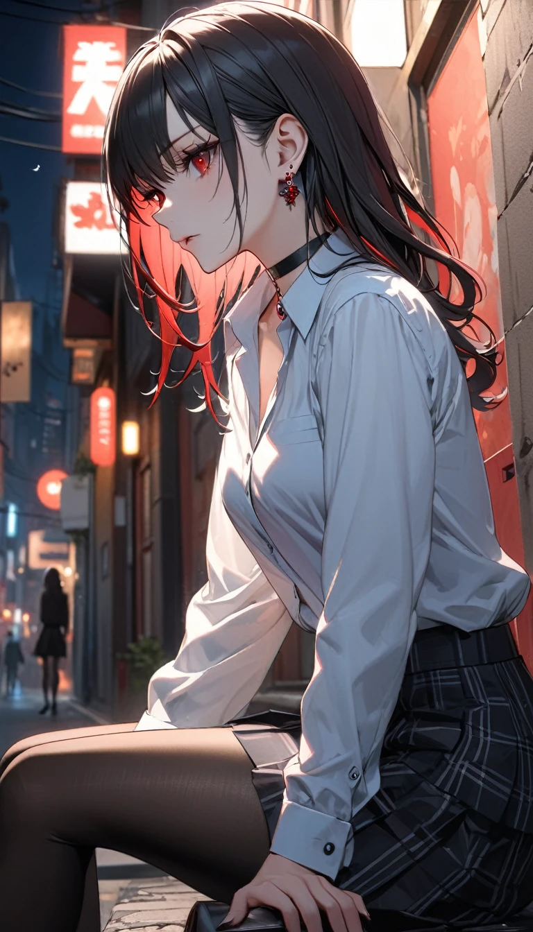 best quality, super_delicate, ultra detailed, beautiful, 8k , 1girl, red eyes, evil, looking sideway, street, sitting, business shirt, skirt, earrings, choker, black tights, nikke, night