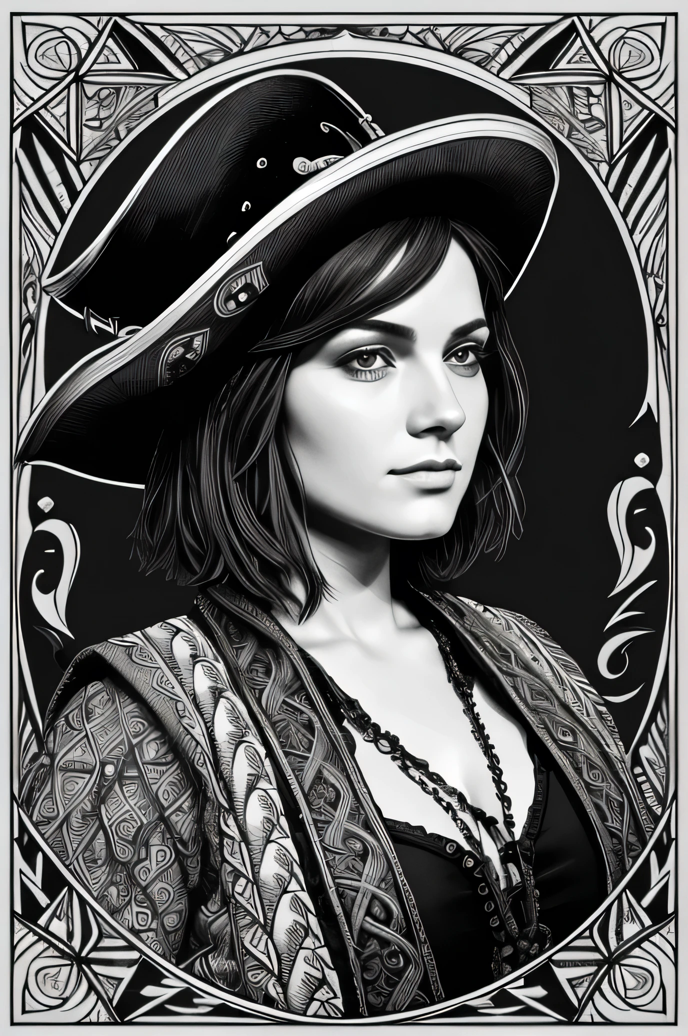 Centred potrait of a female Pirate with very short hair, wearing a pirate hat, black and white, zentangle (best quality) ultra-detailed, fine line drawing, fine line art, coloring book illustration style, intricate linework, highly detailed illustration, perfect composition, beautiful and stunning, dynamic angle, high contrast, incredible shading, incredible detail, unique style, black and white details, (dark and mystical atmosphere), intricate and detailed nature elements.