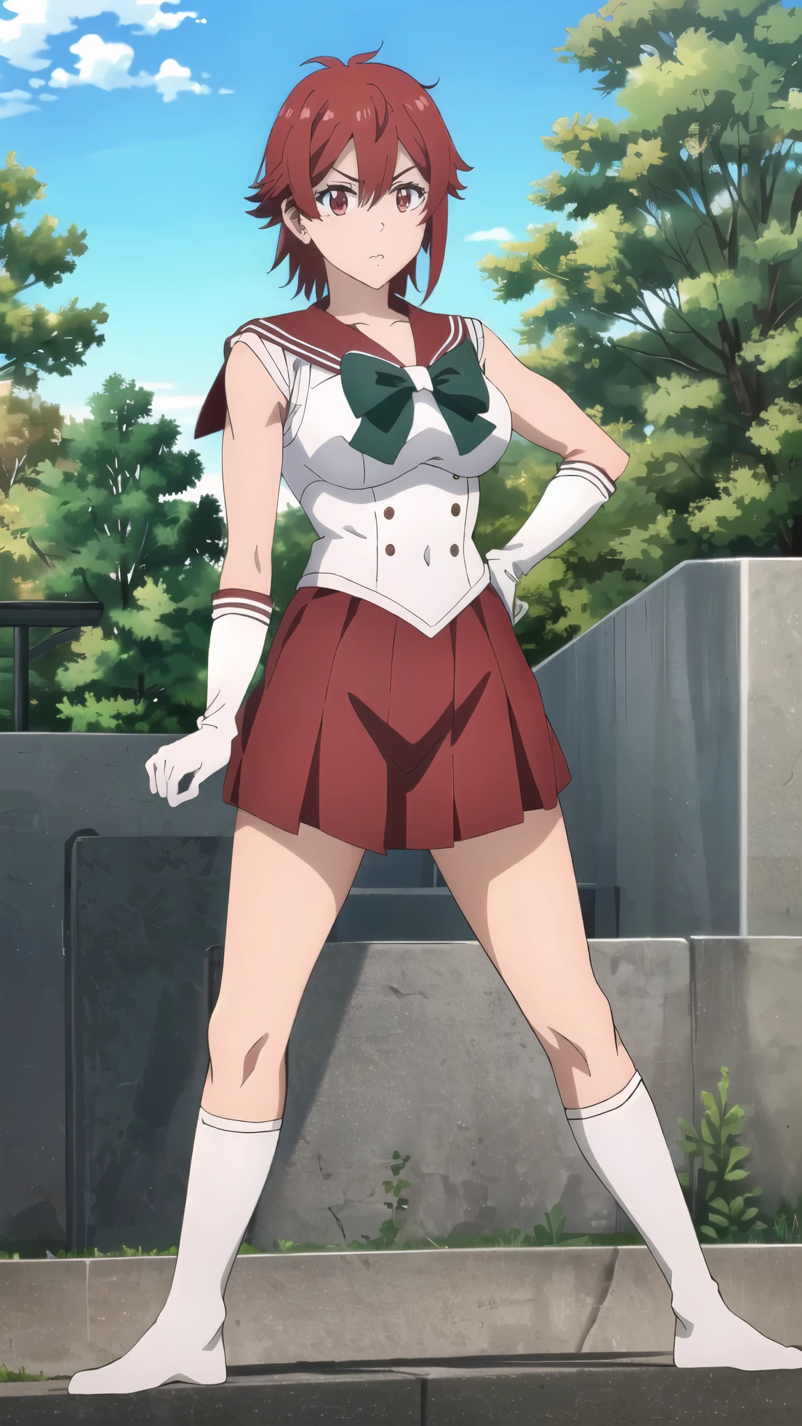 ((Highest quality)),((Very detailed)),masterpiece,Absurd,Detailed face,Beautiful Face,(fine grain, Deep Eyes),One Girl,((Combat Stance)), input, Redhead, Red eyes, short hair, Hair between the eyes, bangs, Large Breasts, short hair, Red eyes, Outdoor, shirt, View your viewers, Are standing,Sailor Warrior Uniforms、Elbow-length white gloves、Biceps
