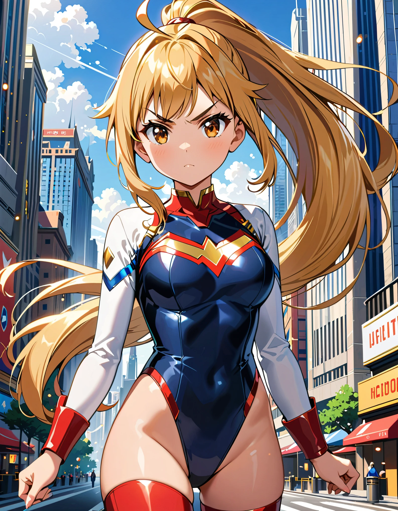 (masterpiece), (best quality), (high res), highly detailed, professional, 1girl, solo, solo focus, wonder, \superhero, anime style, serious, v-shaped eyebrows, perfect hands, complete fingers, white elastic sleeves, leotard, navy leotard, blonde hair, ahoge, medium breasts, brown eyes, beautiful detailed eyes, cute eyes, cute face, light particles, long hair, looking at viewer, medium breasts, outdoors, ponytail, red boots, thighhighs, hand on hip, cowboy shot, city backdrop.