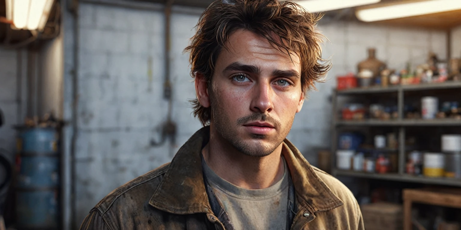 a full-length man with brown hair, half-faded hairstyle, brown eyes, fair skin, wearing casual clothes, doing pest control in a dirty garage, with bugs, rats and bugs around. (best quality, 4k, 8k, high resolution, masterpiece: 1.2), ultra detailed, (realistic, photorealistic, photorealistic: 1.37), HDR, UHD, studio lighting, ultra-fine painting, sharp focus, based rendering physics, extreme detail depiction, professional, vivid colors, bokeh, detailed eyes, detailed lips, extremely detailed eyes and face, long eyelashes, photorealism, cinematic lighting, dramatic shadows, high contrast, gritty, dirty, messy, rustic, industrial