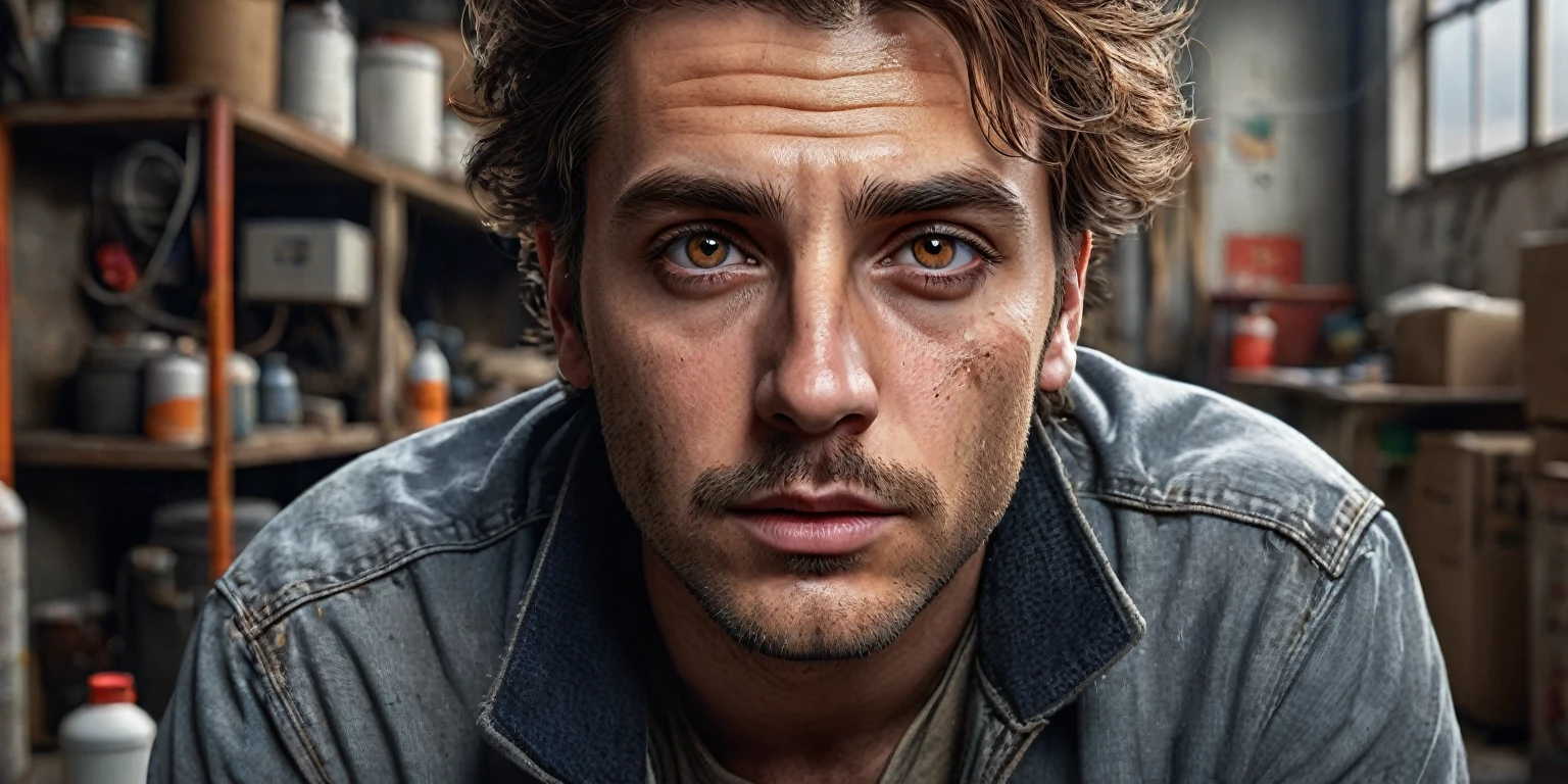 a full-length man with brown hair, half-faded hairstyle, brown eyes, fair skin, wearing casual clothes, doing pest control in a dirty garage, with bugs, rats and bugs around. (best quality, 4k, 8k, high resolution, masterpiece: 1.2), ultra detailed, (realistic, photorealistic, photorealistic: 1.37), HDR, UHD, studio lighting, ultra-fine painting, sharp focus, based rendering physics, extreme detail depiction, professional, vivid colors, bokeh, detailed eyes, detailed lips, extremely detailed eyes and face, long eyelashes, photorealism, cinematic lighting, dramatic shadows, high contrast, gritty, dirty, messy, rustic, industrial