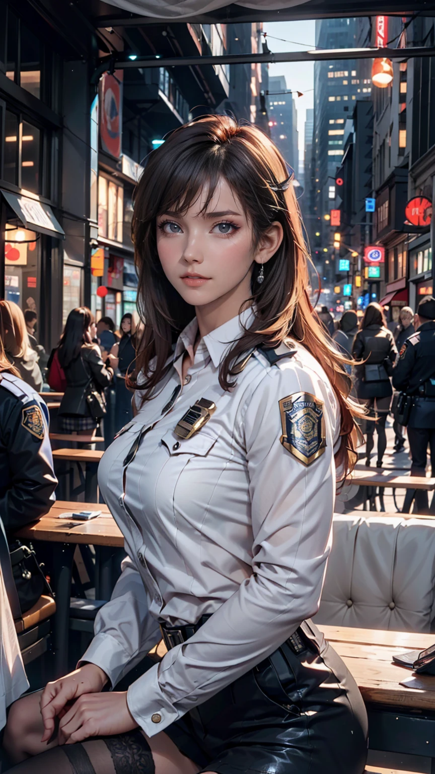 alone, (Police uniform, Female police officer), stockings, City lights, (Looking at the audience: 1.3), Release your lips, Red lips, Glowing Skin, Skin dents, Highest quality, Ultra-high resolution, (realism: 1.4),