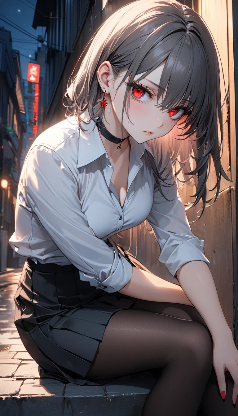 best quality, super_delicate, super delicate eyes, ultra detailed, beautiful, 8k , 1girl, red eyes, evil, looking sideway, street, sitting, business shirt, skirt, earrings, choker, black tights, nikke, night