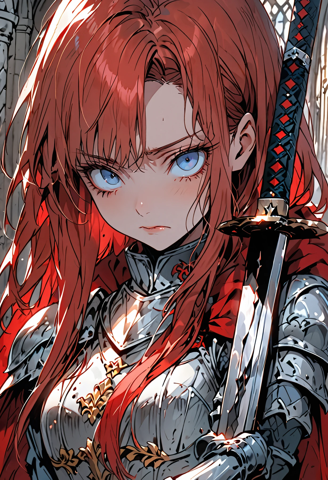 solo female knight, mansion, cape, long straight red hair, short, , , nervous, blue eyes, close up, princess, worn armor, sheathed sword