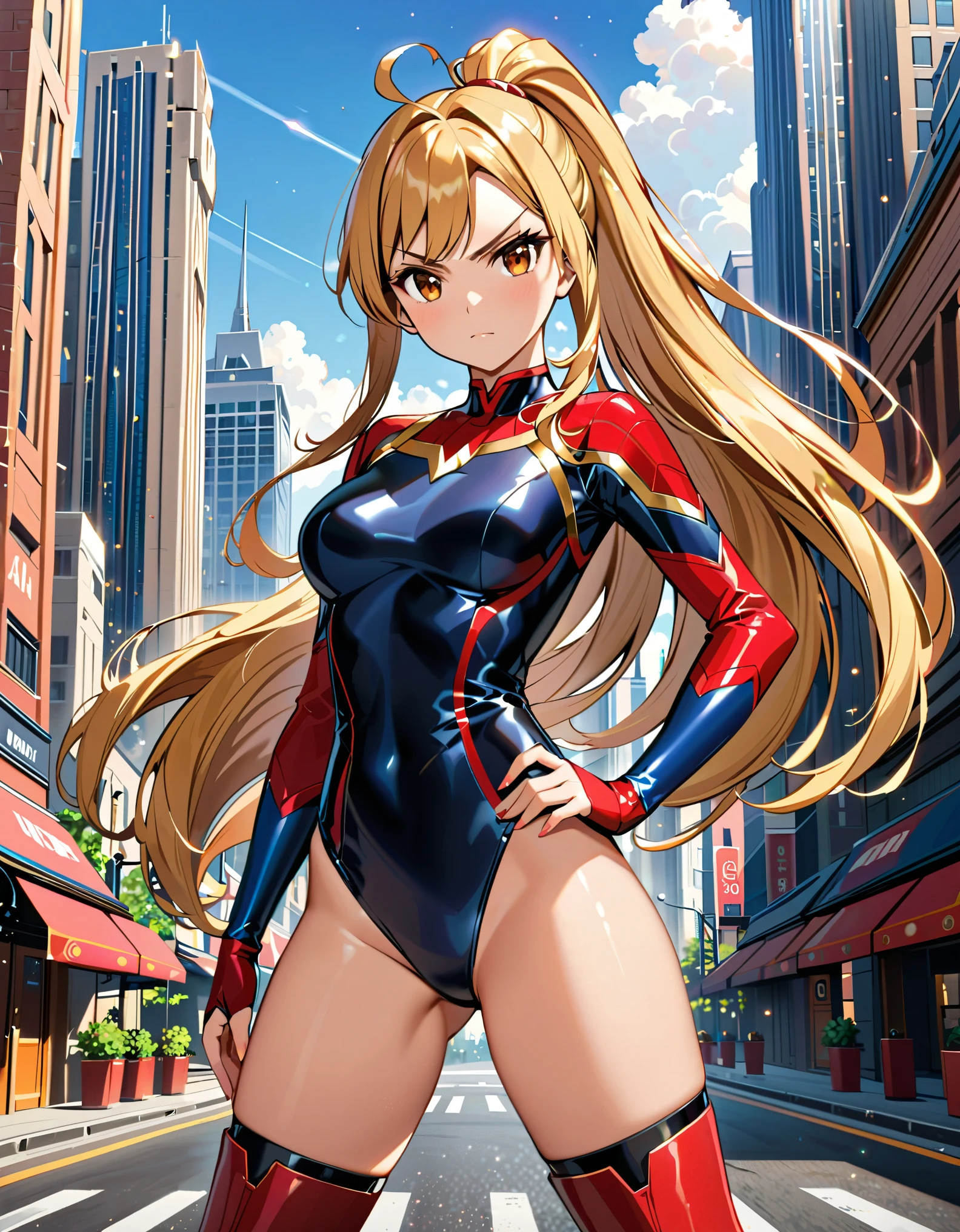 (masterpiece), (best quality), (high res), highly detailed, professional, 1girl, solo, solo focus, superhero, anime style, serious, v-shaped eyebrows, perfect hands, complete fingers, white elastic sleeves, leotard, navy leotard, blonde hair, ahoge, medium breasts, brown eyes, beautiful detailed eyes, cute eyes, cute face, light particles, long hair, looking at viewer, medium breasts, outdoors, ponytail, red boots, thighhighs, hand on hip, cowboy shot, city backdrop.