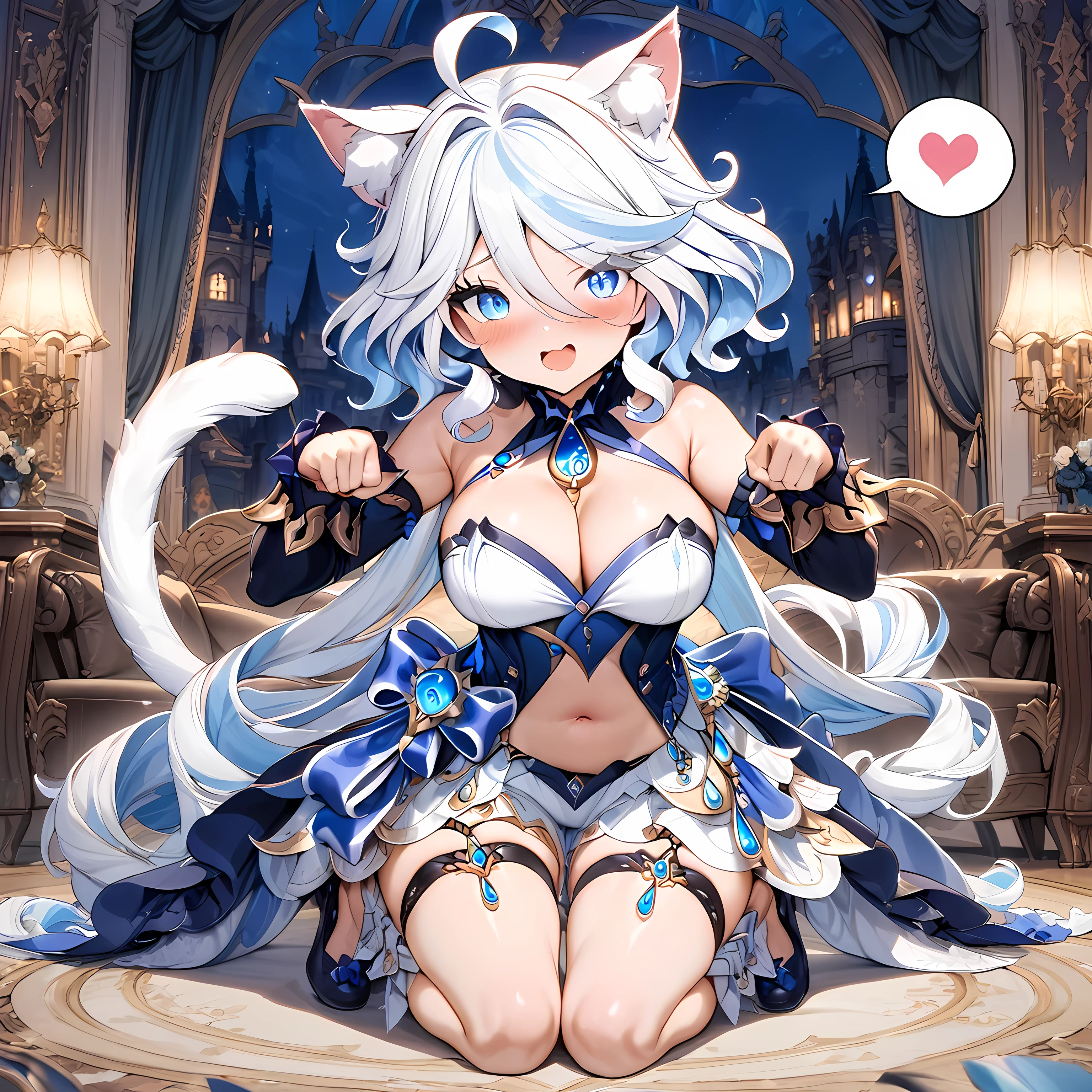 (masterpiece), best quality, expressive eyes, perfect face,1girl,furina,genshin impact,palace,night,castle wall,mirror,big breasts,blush,cleavage,cat girl,cat ears,cat tail,full body,strapless idol dress,bare shoulders,detached sleeves,navel,cute top,cute fluffy skirt,layered skirt,showgirl skirt,paw pose,happy,excited,spoken heart