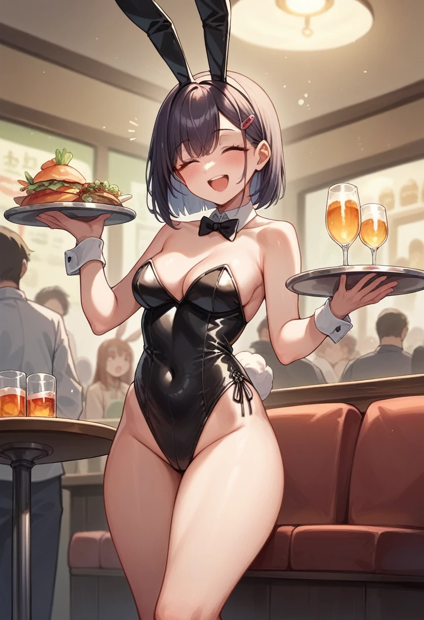 masterpiece, absurdres , 1girl, hairclip, playboy bunny, rabbit ears, fake animal ears,latex leotard,holding tray,indoors, restaurant,smile,closed eyes,^ ^, thighs, surprised,