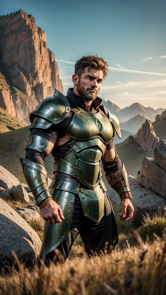 A robust, muscular warrior with entirely brown hair, dressed in rugged green and black armor that appears to be forged from natural elements like stone and metal. The armor is heavy and textured, with patterns resembling the rough surface of the earth. His underarms are smooth and well-maintained, with the skin appearing clean and polished. He stands powerfully in the middle of a vast, rugged field, surrounded by the raw, natural beauty of the terrain. His massive, clenched fists are the only weapons he needs, showcasing his formidable strength and his connection to the earth. The ground beneath him trembles and shifts, with rocks and soil being manipulated by his will, creating a dramatic and earthy spectacle. His stance is firm and commanding, with his eyes glowing with a deep, earthy intensity that highlights his mastery over earth magic. The background displays a rugged field, partially disrupted by the warrior’s earth manipulation. The image is rendered in a photorealistic, hyper-realistic 8k style, with studio lighting, featuring rich, natural colors, detailed textures of the soil, and dramatic lighting that accentuates the warrior's raw power and connection to the earth.