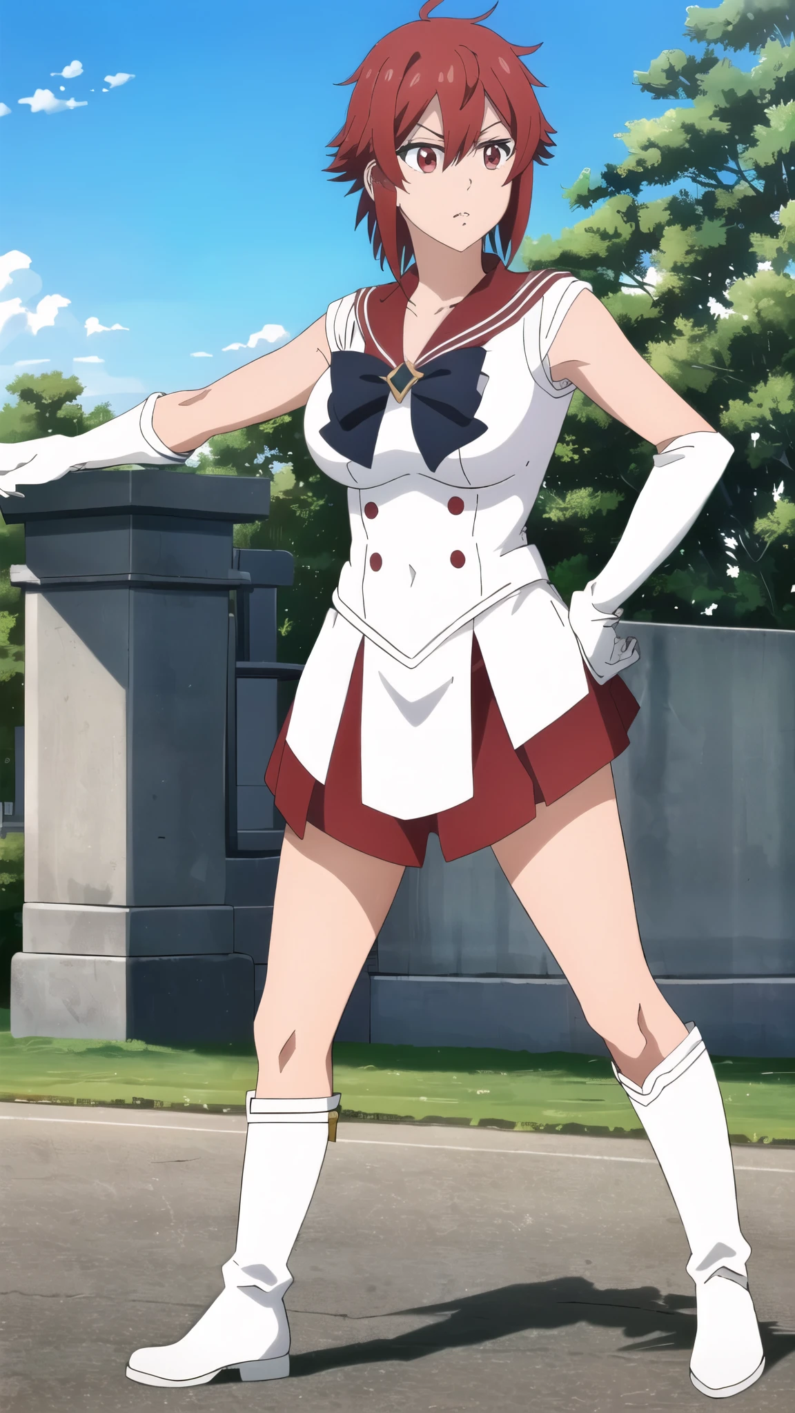 ((Highest quality)),((Very detailed)),masterpiece,Absurd,Detailed face,Beautiful Face,(fine grain, Deep Eyes),One Girl,((Combat Stance)), input, Redhead, Red eyes, short hair, Hair between the eyes, bangs, Large Breasts,  short hair, Red eyes, Outdoor, shirt, View your viewers, Are standing,Sailor Warrior Uniforms、Elbow-length white gloves、White boots
