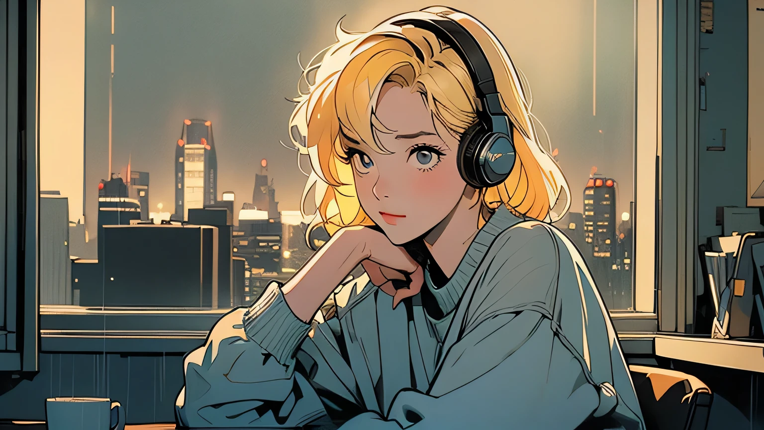 A girl with yellow hair is sitting at a desk by the window on a rainy night, wearing large headphones. She is focused on her computer, surrounded by a warm, cozy light. The city skyline is visible in the background, illuminated by the lights of the buildings through the rain-speckled glass.