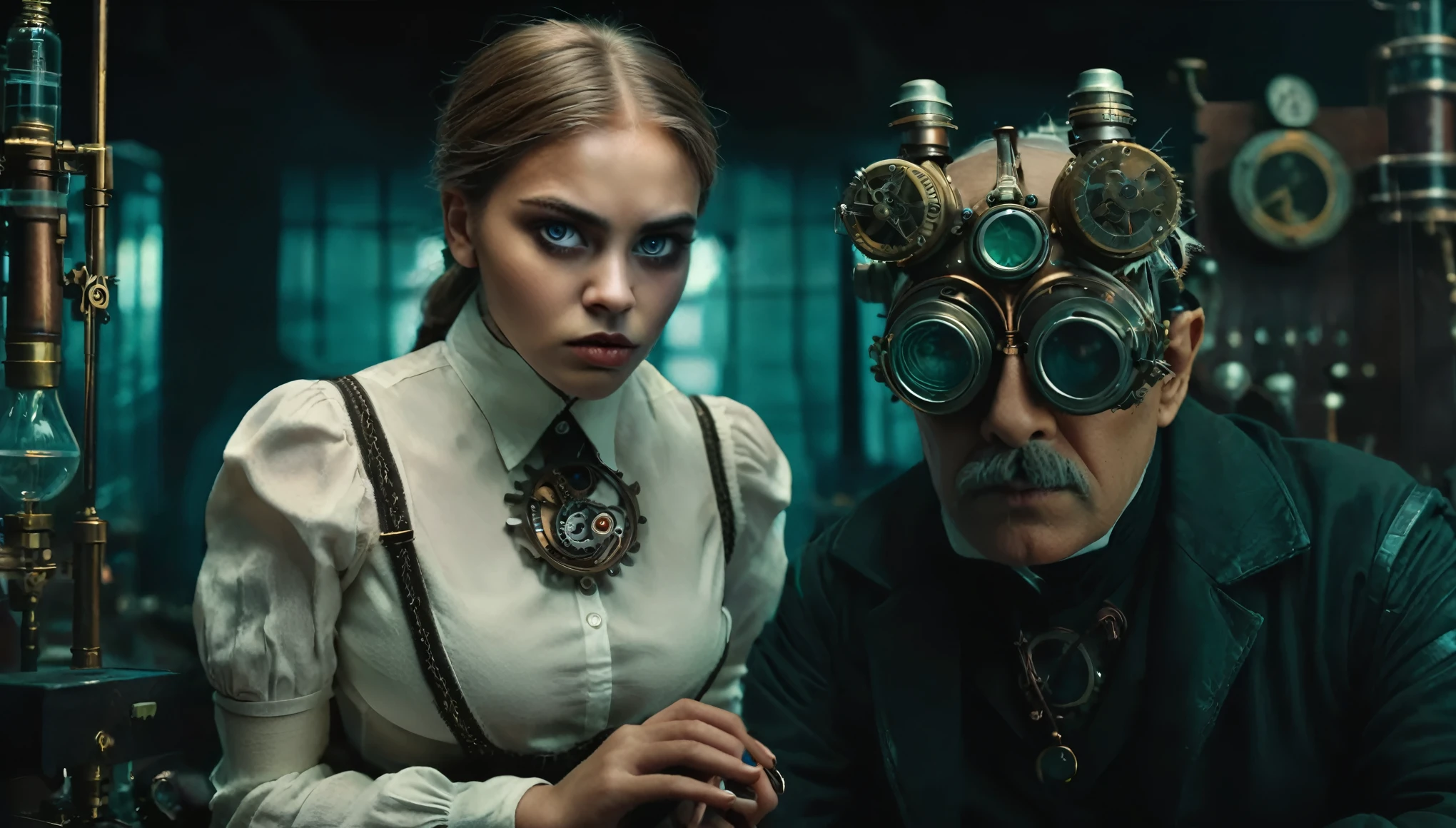 evil puppet, angry eyes, dark science laboratory, steampunk, dark atmosphere, 1girl, highly detailed face, detailed facial features, extremely detailed eyes, exquisite lips, detailed hands and fingers, intricate mechanical body, gears and cogs, dark lighting, moody lighting, dramatic shadows, cinematic composition, photorealistic, 8k, masterpiece, digital art, concept art