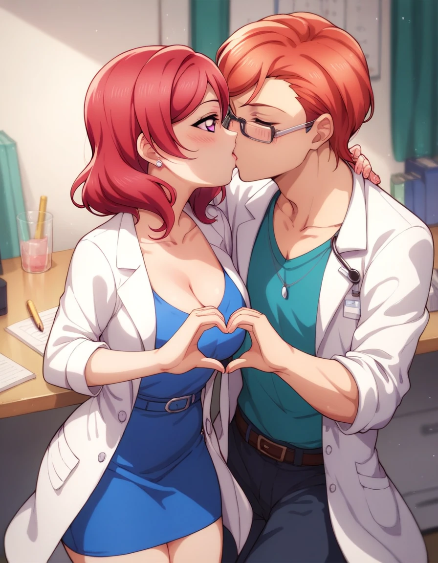 Maki nishikino,love live,highres,red hair , purple eyes,blush ,cleavage ,collarbone ,doctor ,infirmary ,lab coat , pencil skirt , heart hands ,1boy, kiss 